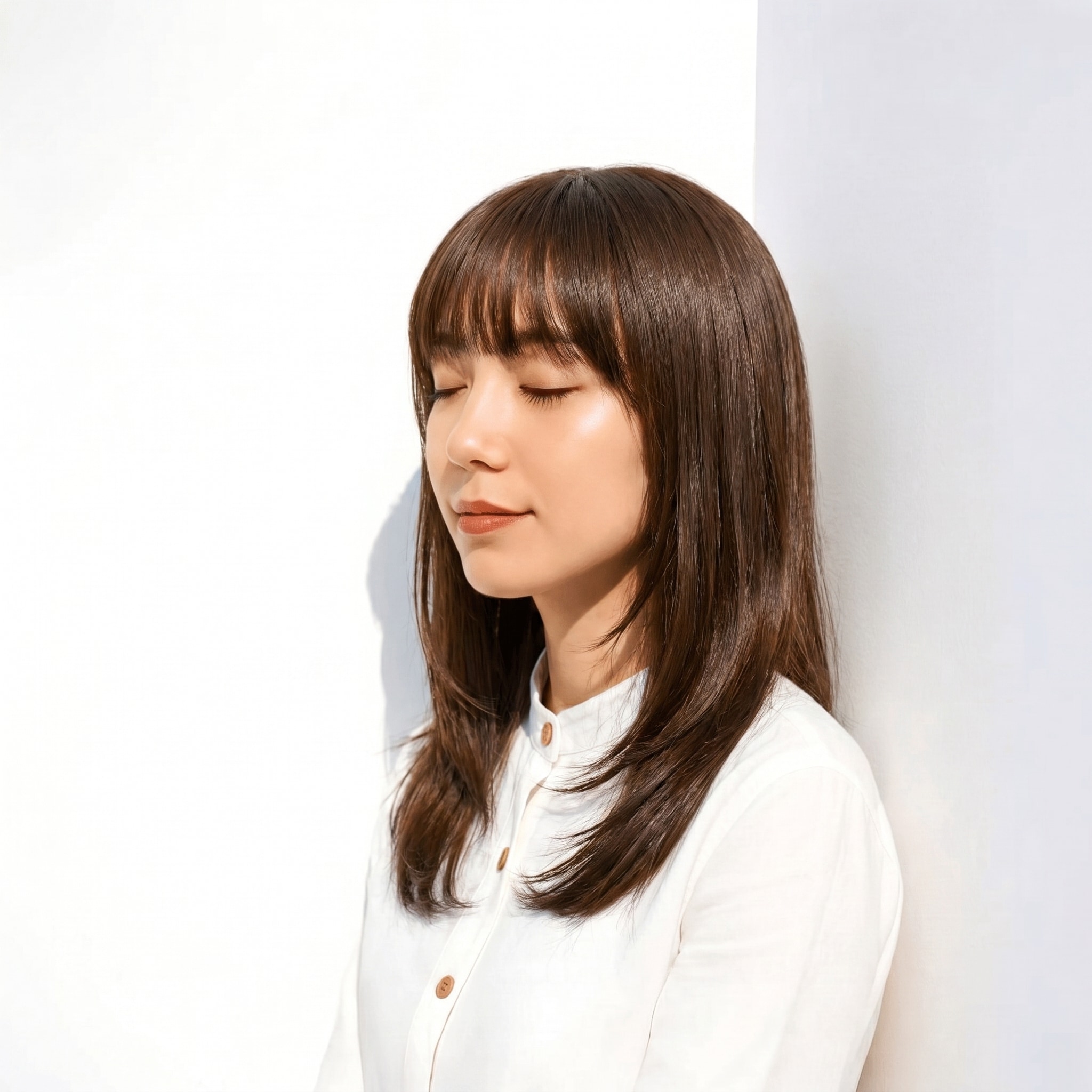 1. ブリーチなしピンクブラウン×ミディアムロング: 前髪ありのストレートで上品な温かさを演出