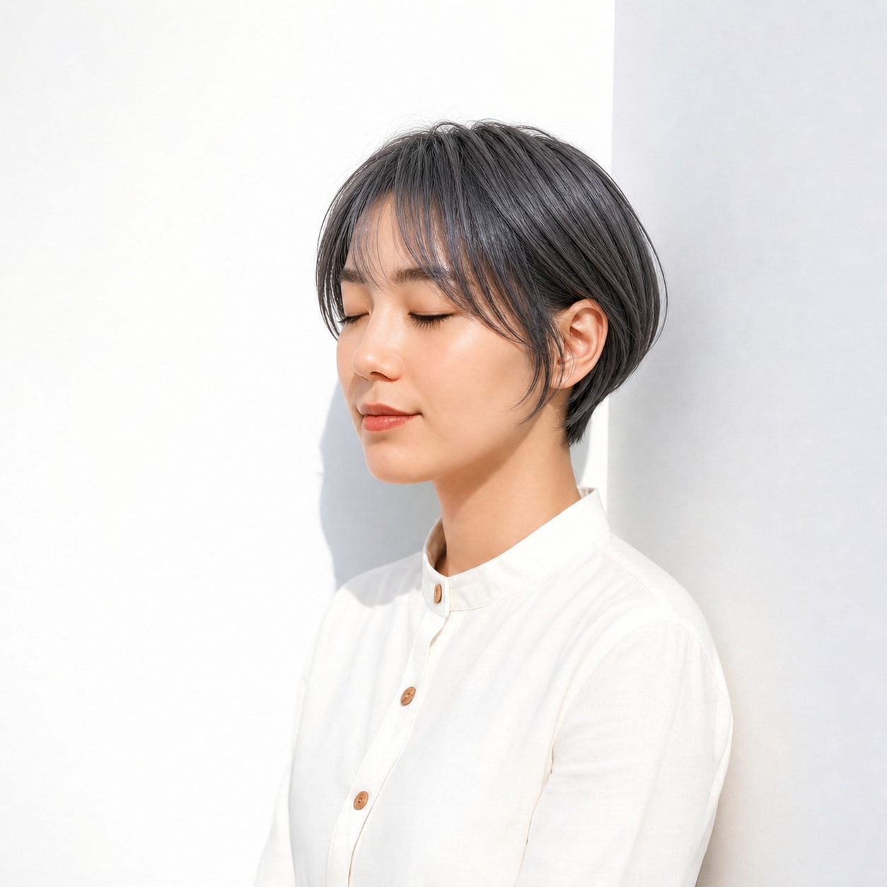 1. ブルーグレージュ×コンパクトショート: 黒髪寄りの青みで暗髪に透明感が出る