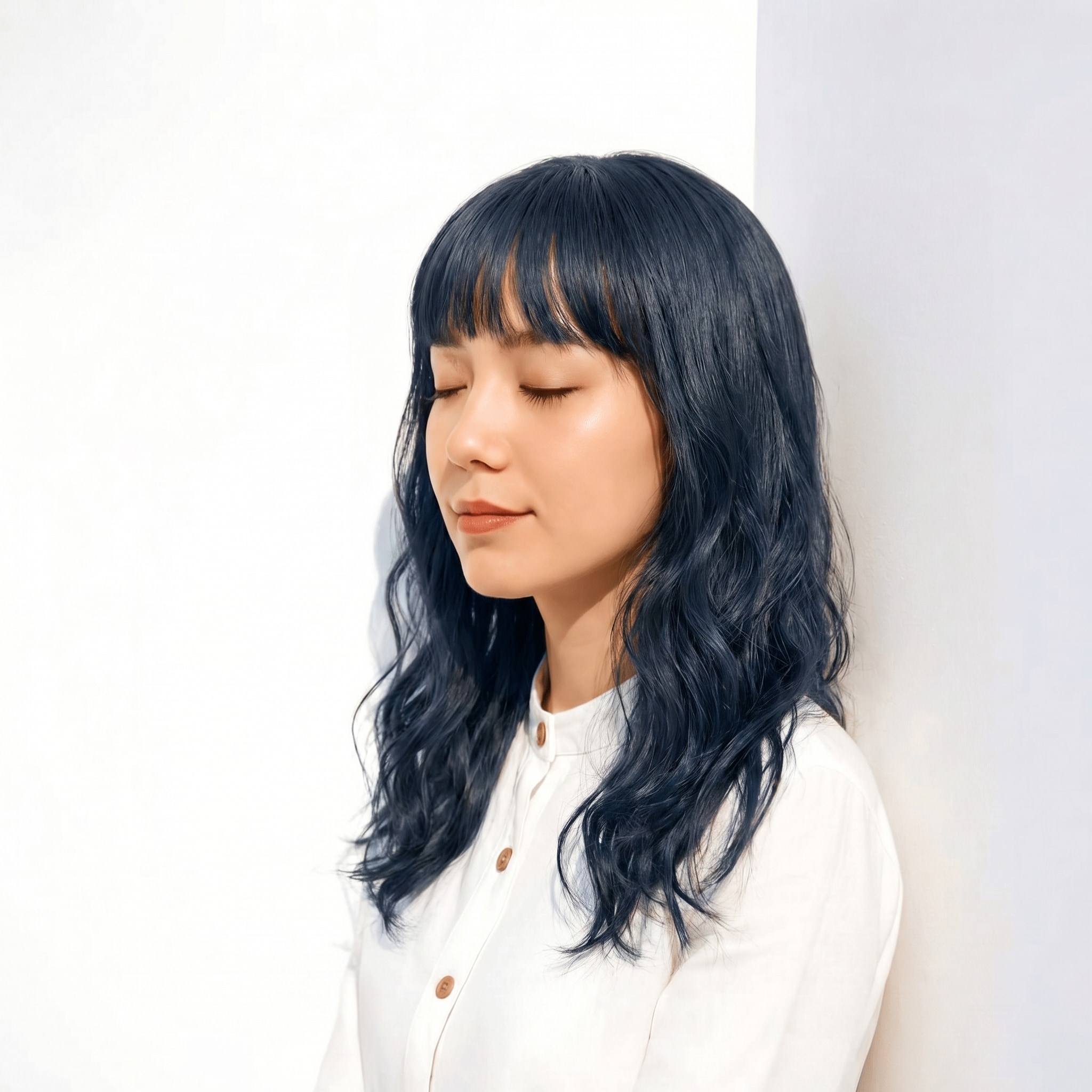 1. ブルーブラック×セミロングウェーブ: 光を受けて透ける奥行きとツヤが魅力