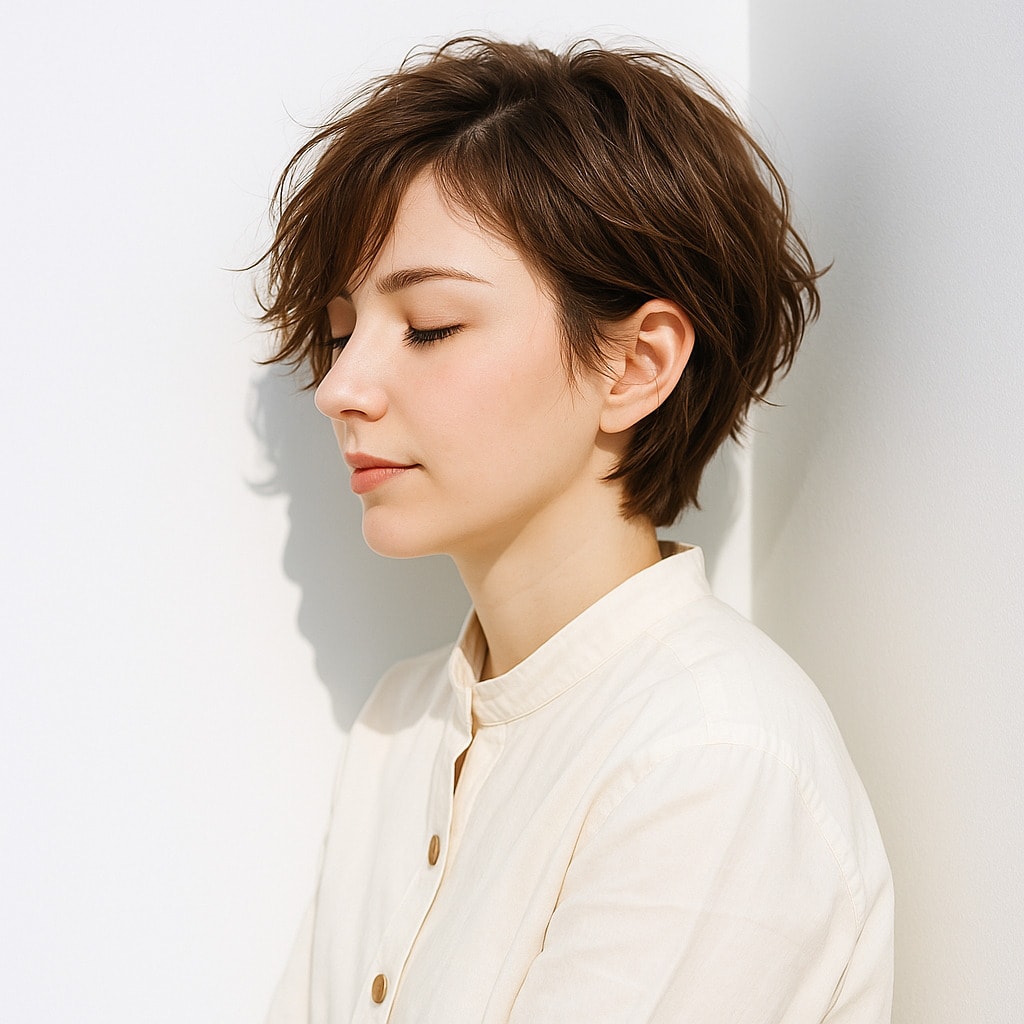 1. フォギーベージュ×束感：動きが際立つショートレイヤー