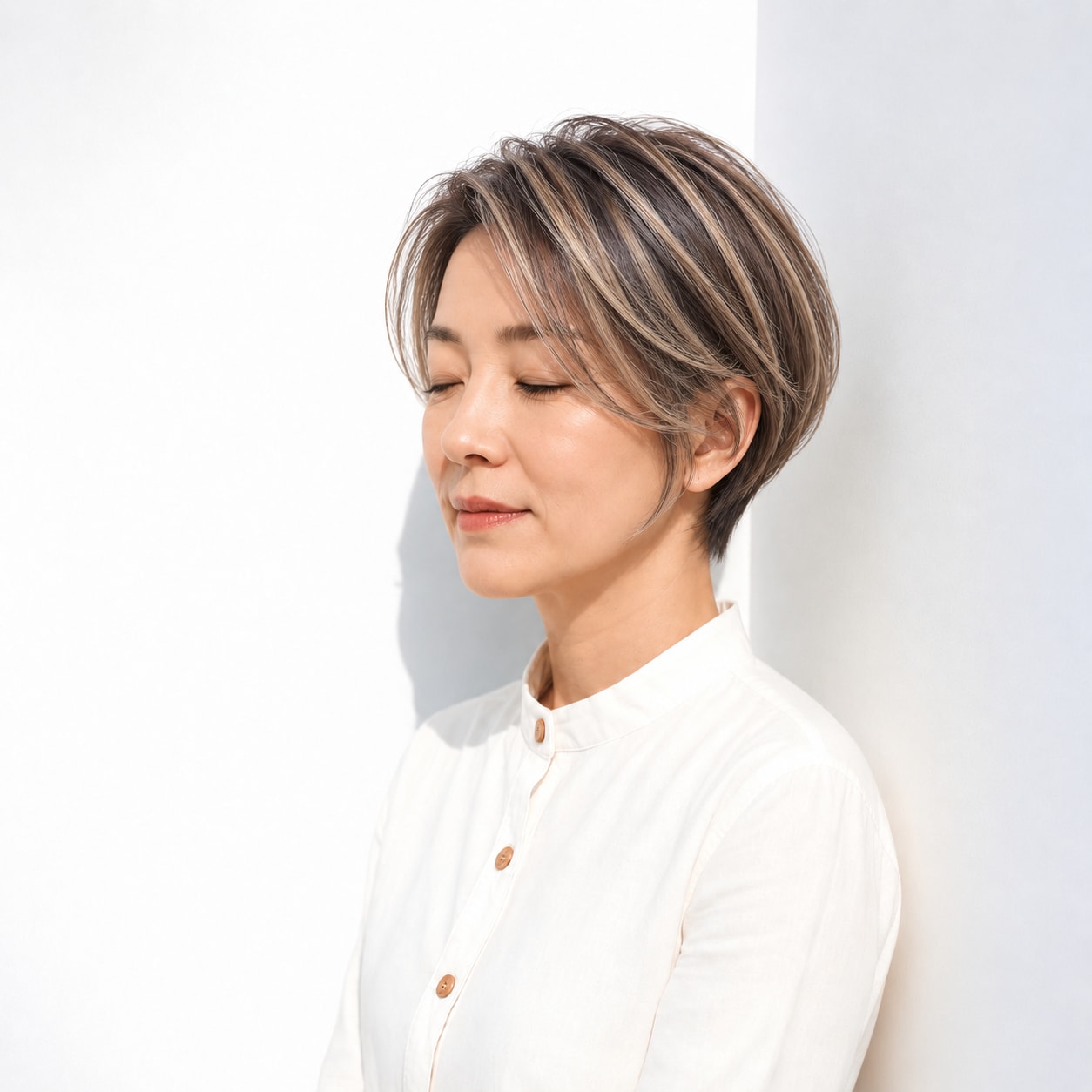 1. ベージュハイライト × ショート：明るい筋を白髪になじませる