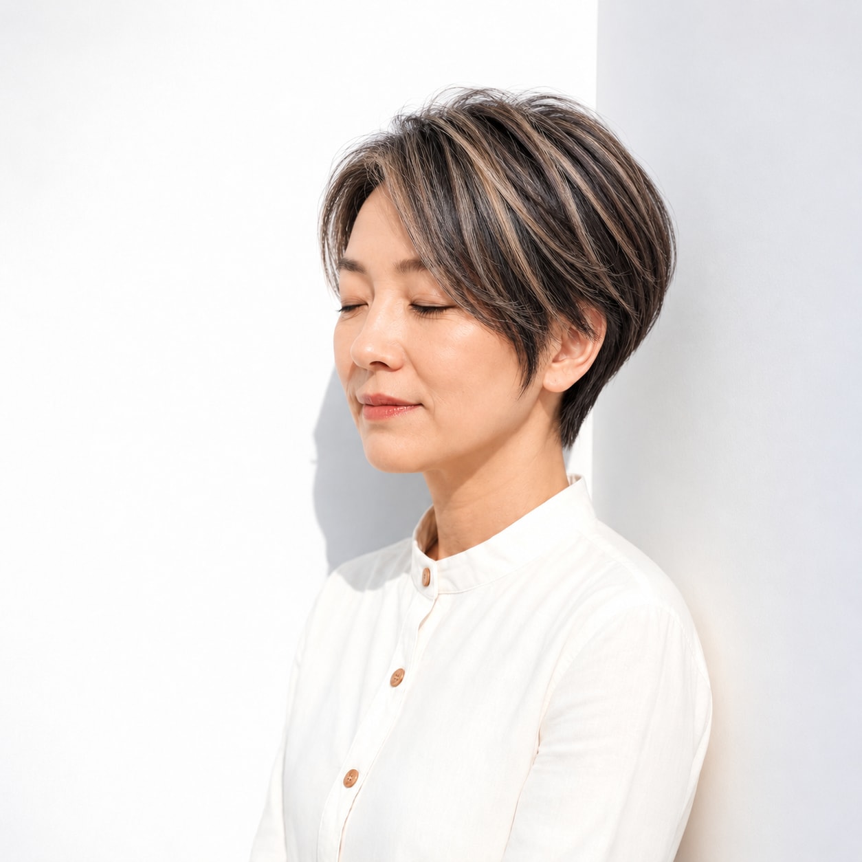 1. ベージュメッシュ × ショート：暗髪に映える立体的な筋感
