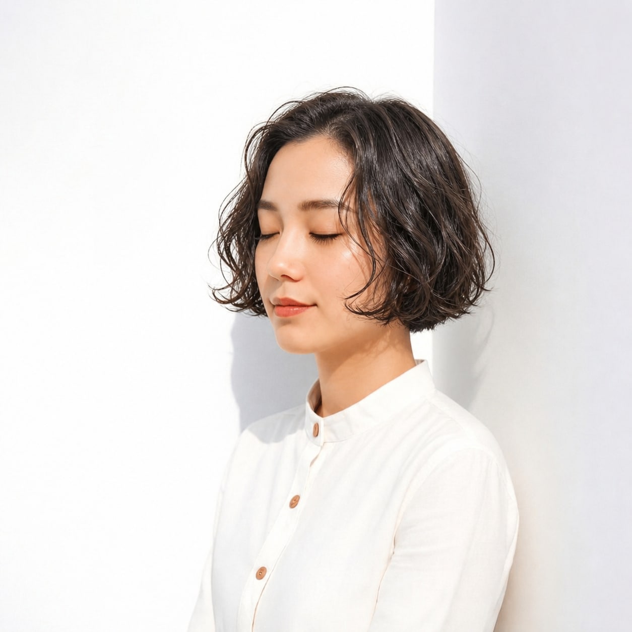 1. ボブパーマ × 前髪なし × ダークブラウン：顔まわりのカールで華やかに