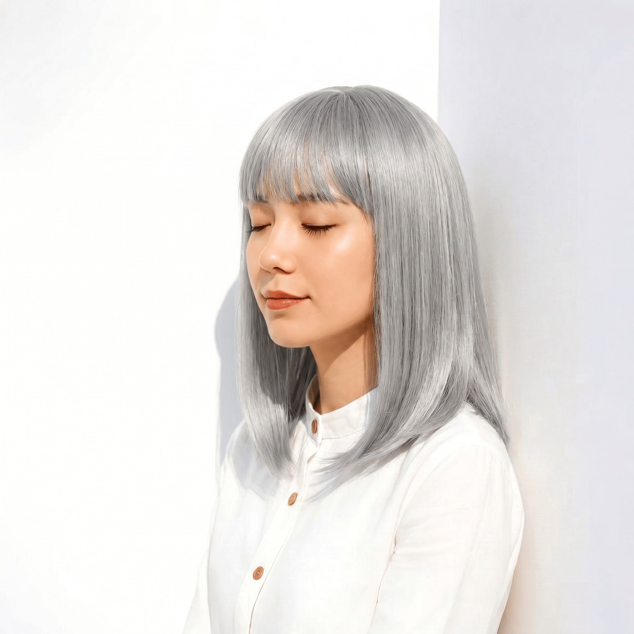 1. ホワイトグレー×ワンレンストレート: 青みシルバーでモードなツヤを演出