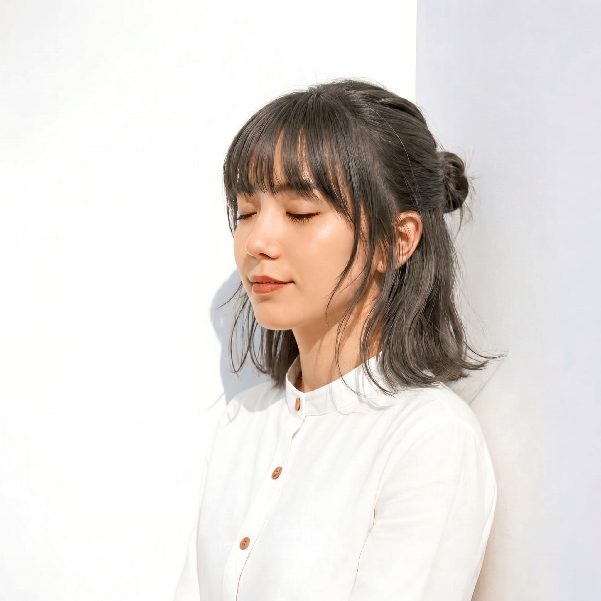 1. ホワイトグレージュ×ミディアムウェーブ: ゆるい外ハネと小さなお団子で軽やかに