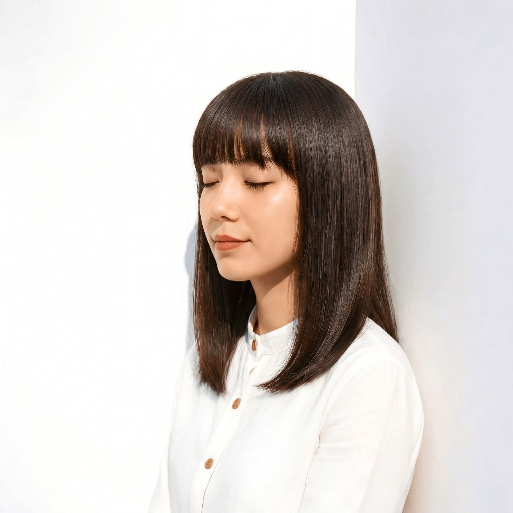 1. マットブラウン×タイトロブ: 深い緑みのくすみで肩上ラインを凛と見せる
