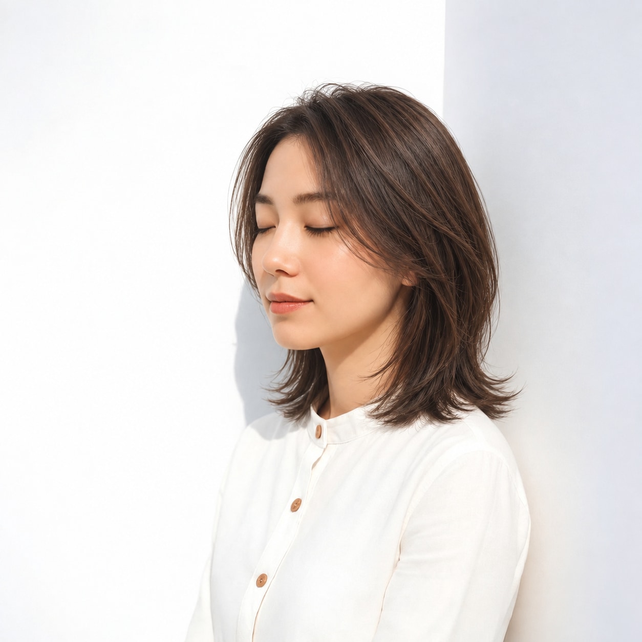 1. ミディアムレイヤー × 前髪なし × 顔まわりレイヤー：頬の横にやわらかな線が生まれ、正面にも奥行きが出ます