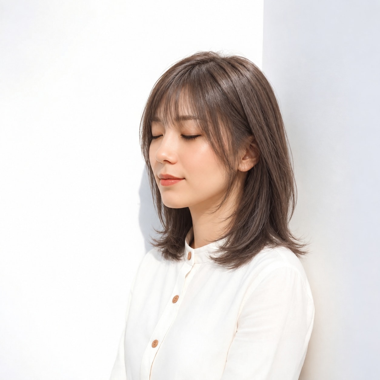 1. ミディアムヘア × 顔まわりレイヤー：頬の横にやわらかな線が生まれ、正面にも奥行きが出ます