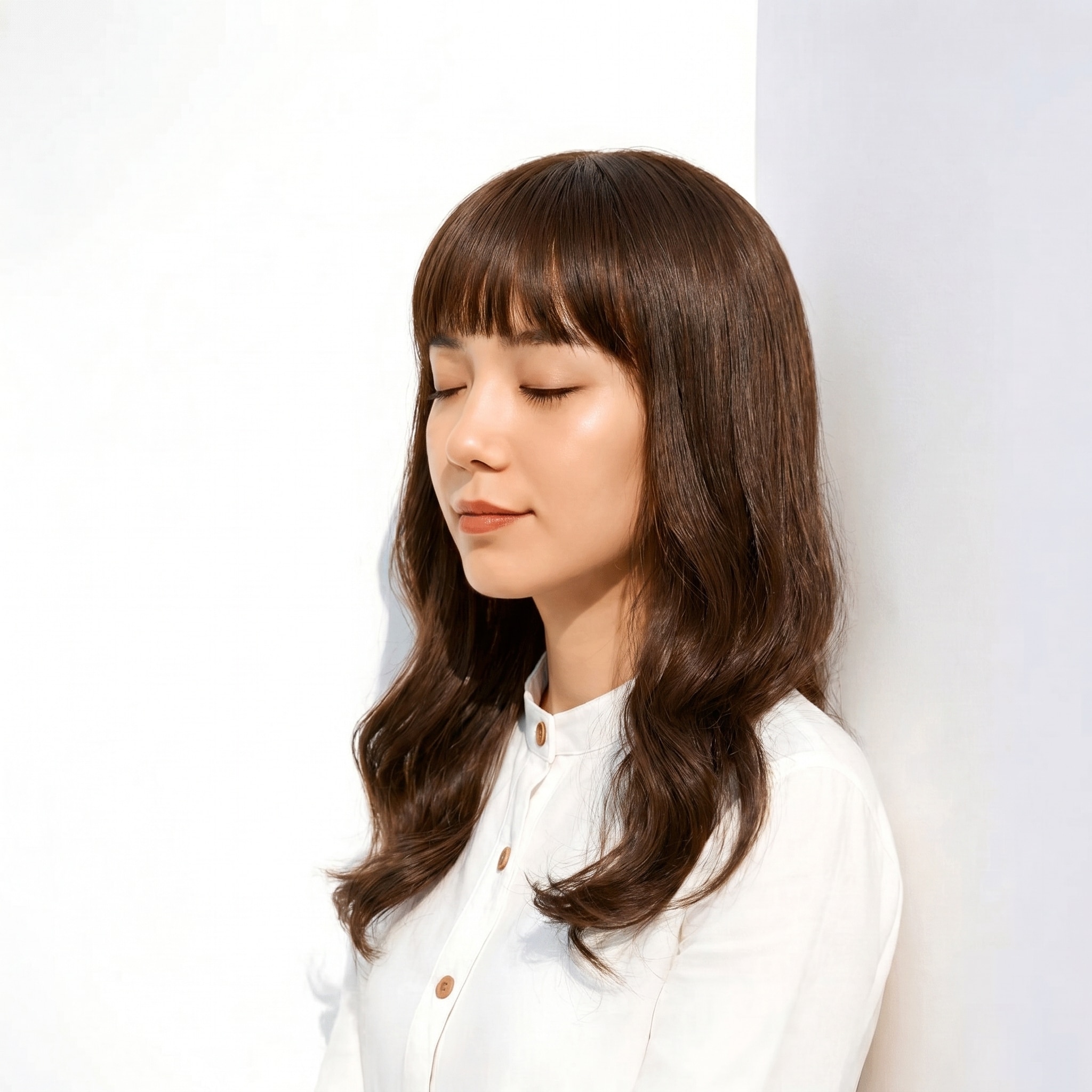 1. モカグレージュ×ミディアム: 透けるようなツヤで、柔らかく垢抜けた印象に