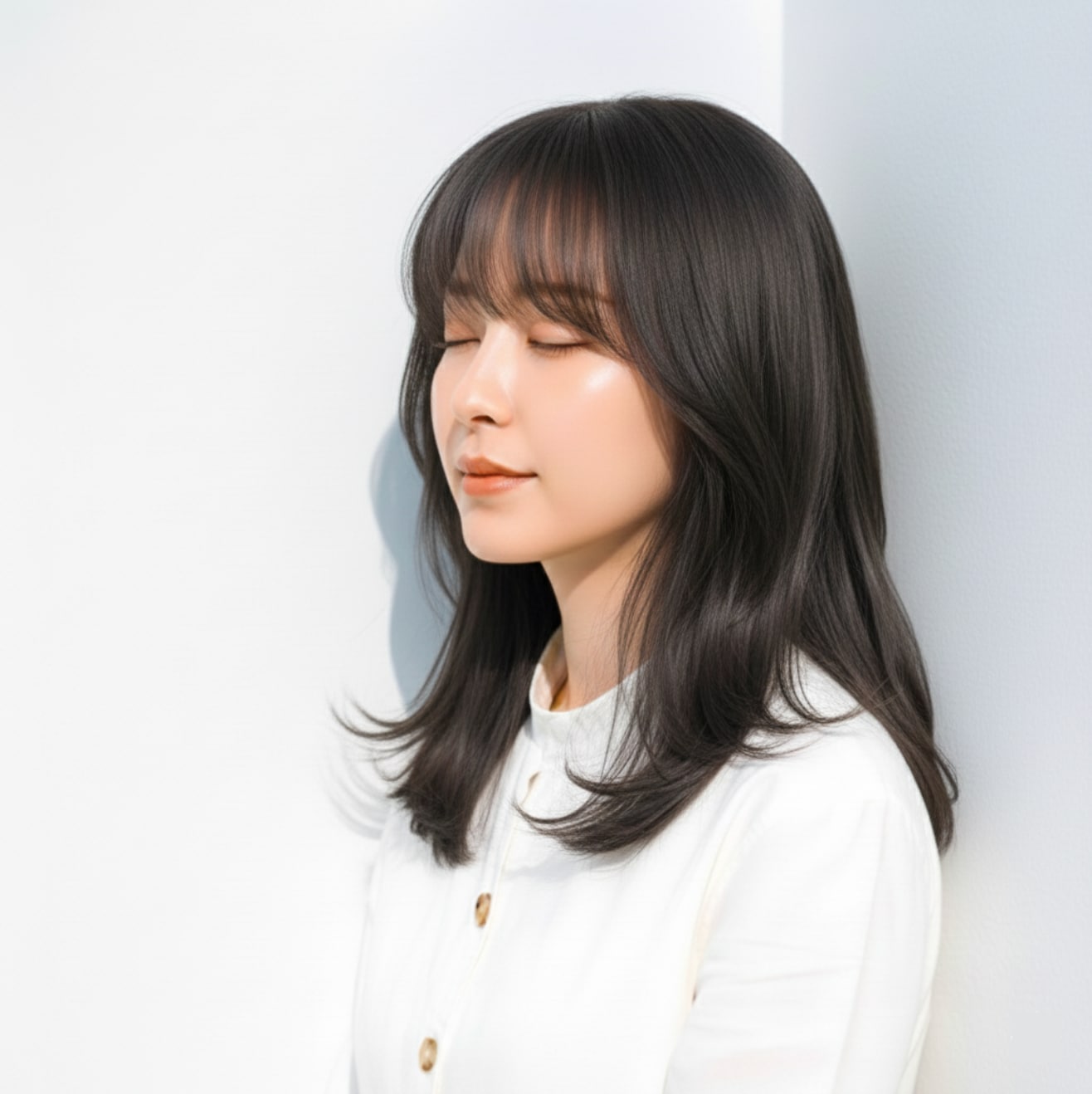 . ライトオリーブベージュ×くびれセミロング：柔らかい透明感が際立つ