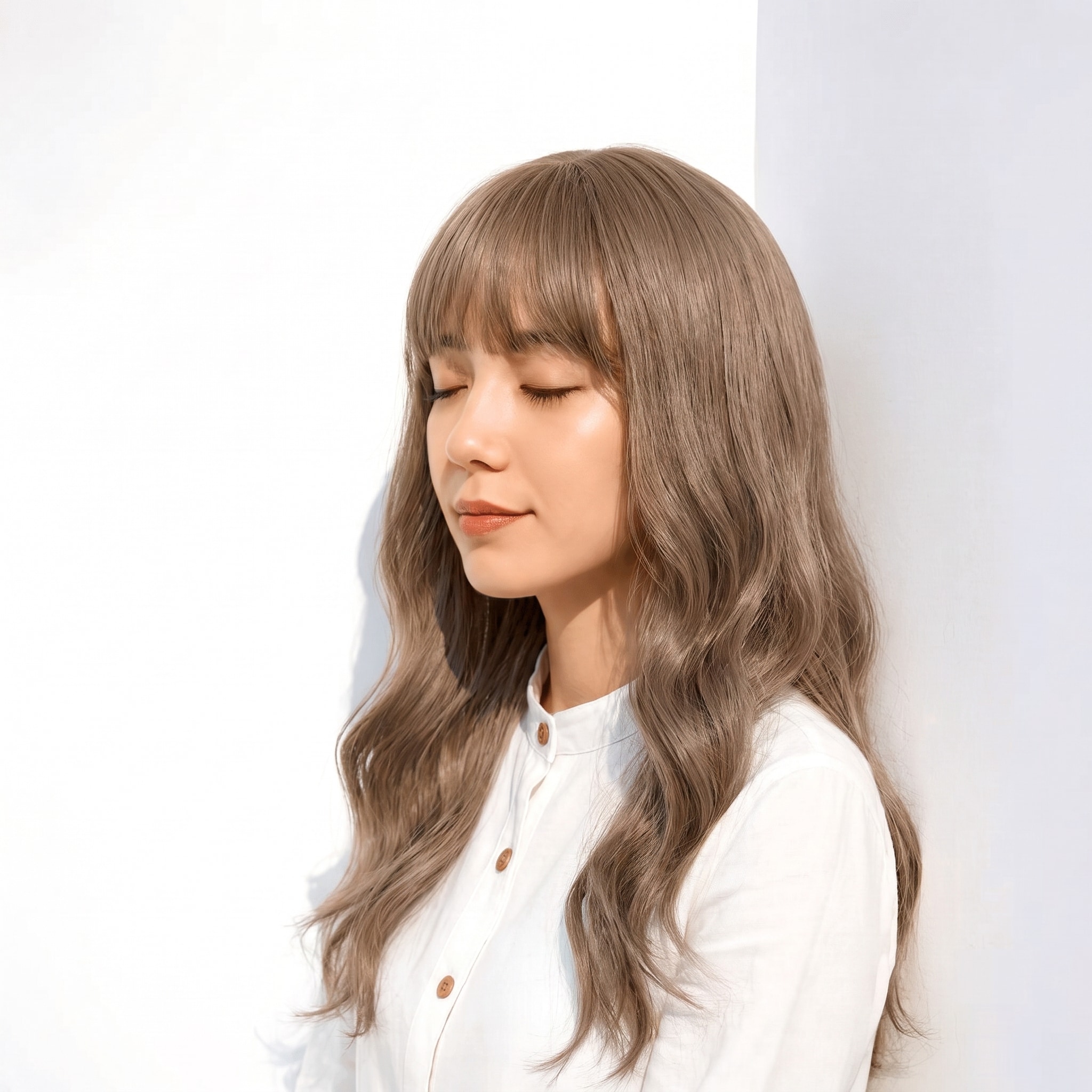 1. ライトベージュ×ウェーブロング: グレーを含む明るめベージュでロングが柔らかくまとまる