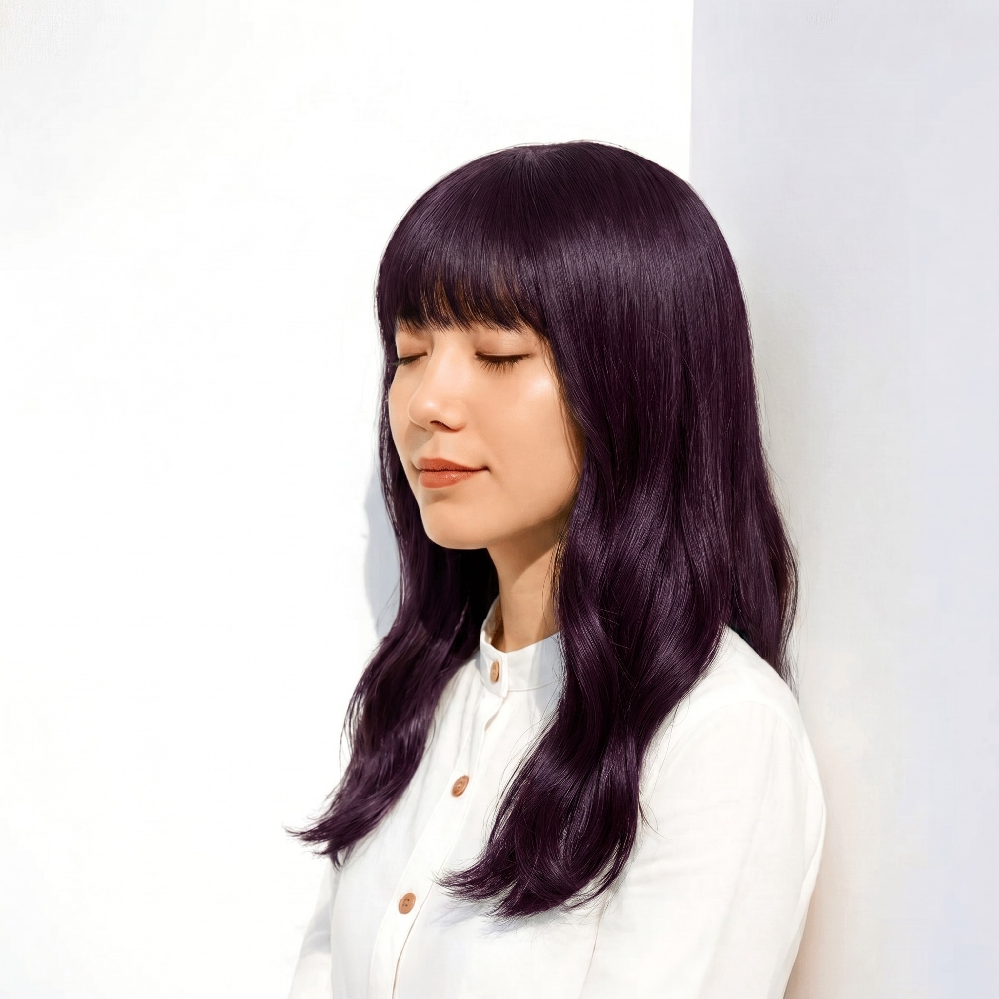 1. ラベンダーグレージュ×ミディアムロング:  ブルベ肌に映える上品なヘアカラー