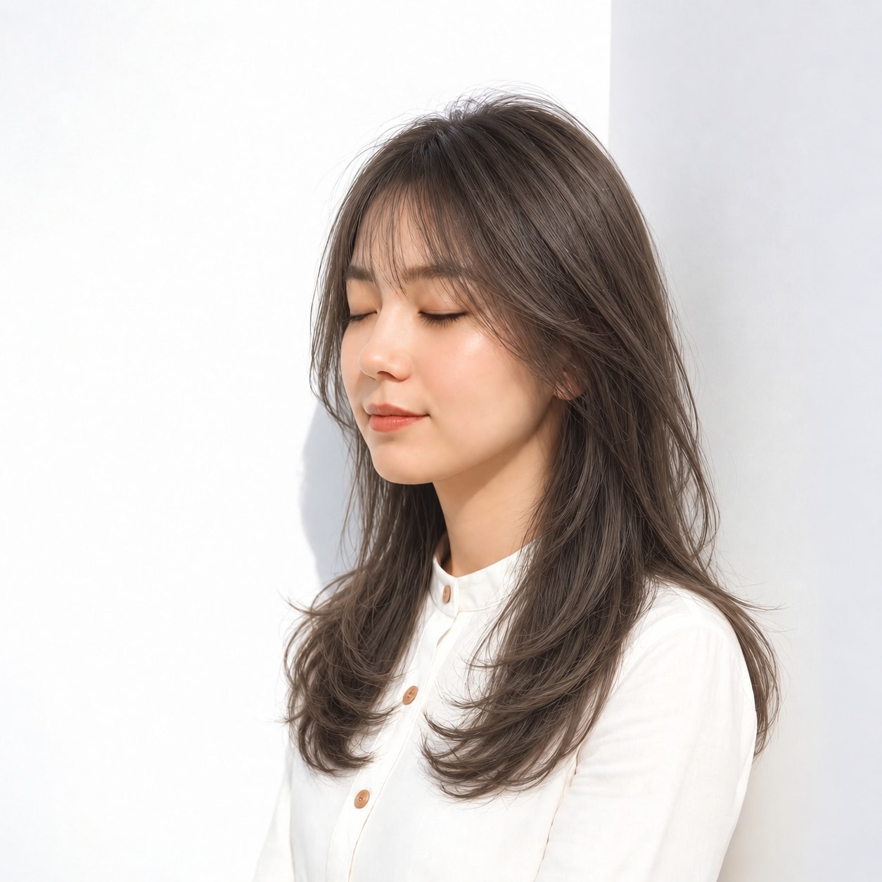 1. レイヤーロング × アッシュブラウン：長い流れですっきり縁取る