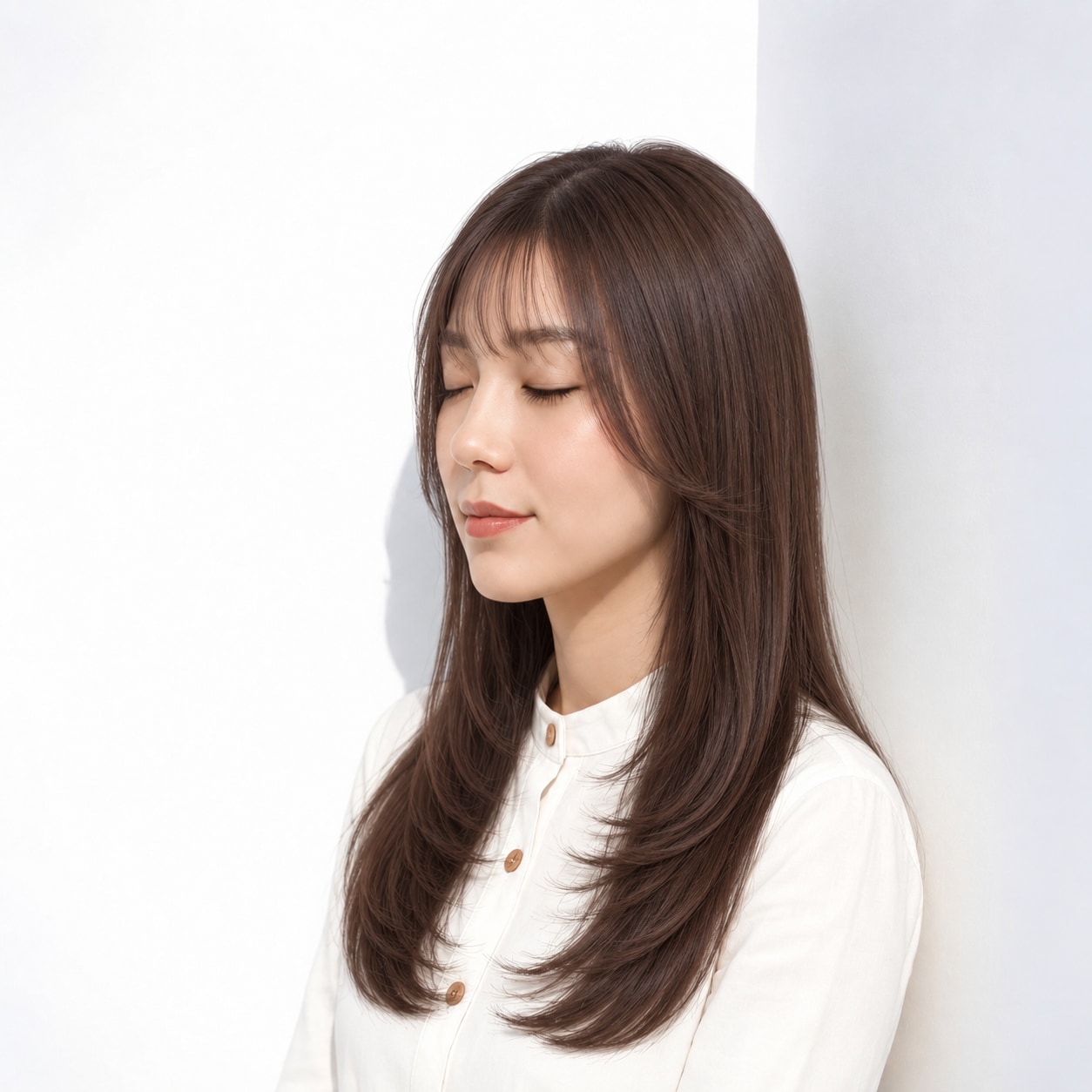 1. レイヤーロング × ブラウン：前髪と重なる毛先で縦の印象をやわらげる