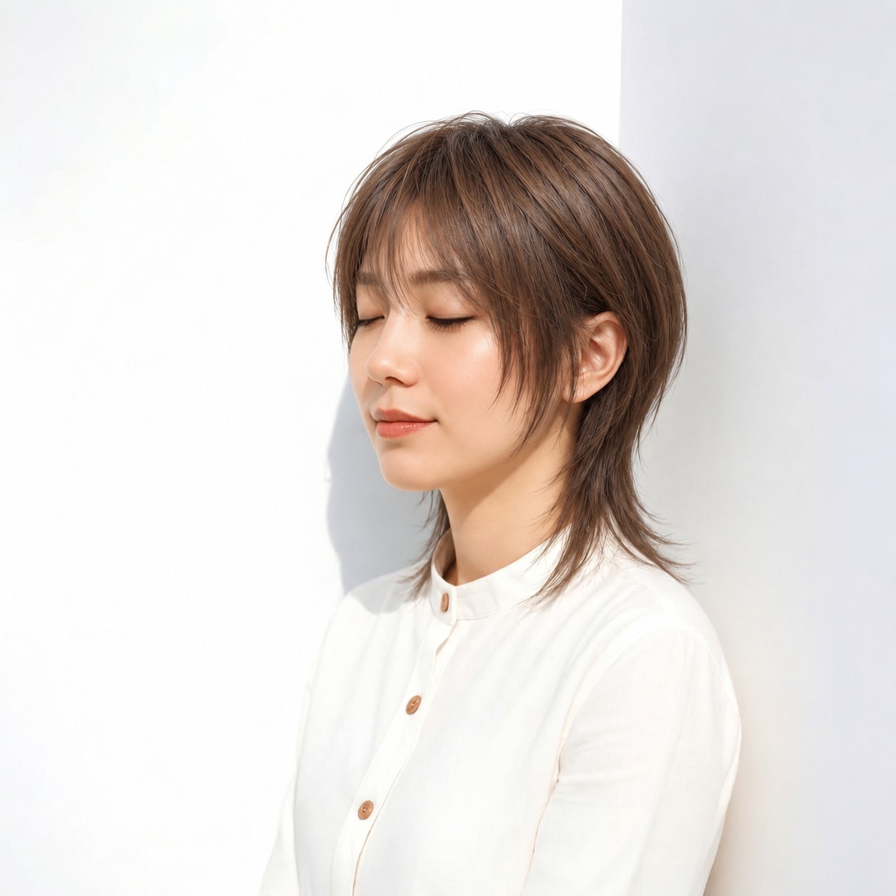 1. 中性ウルフ × ブラウン：自然な丸みと細い襟足のバランスが心地よい