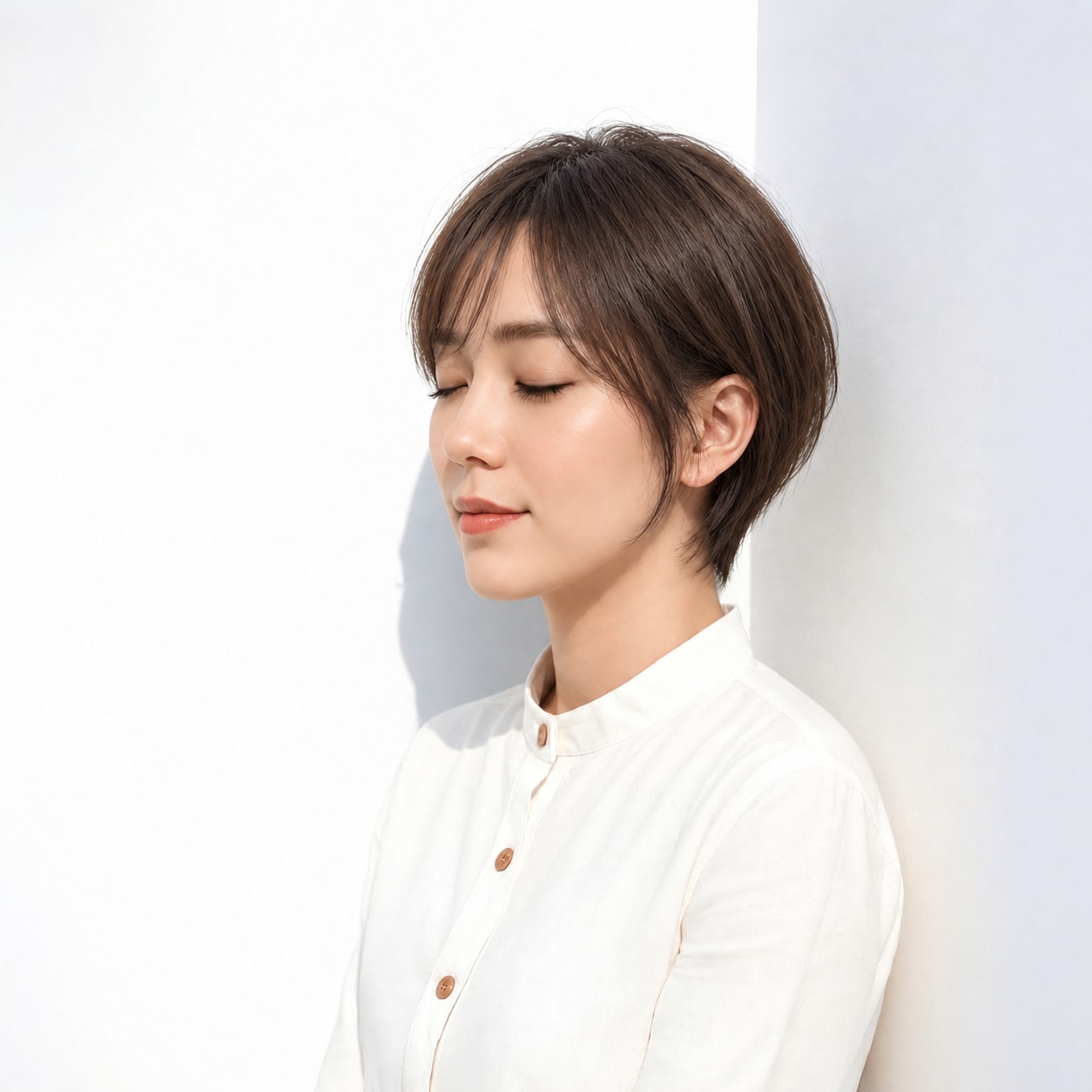 1. 丸みショート × ダークブラウン：頬横にふくらみを置いて穏やかな輪郭に