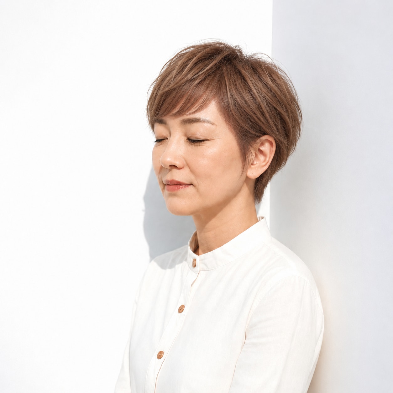 1. 丸みショート × 流し前髪：やわらかな横顔に