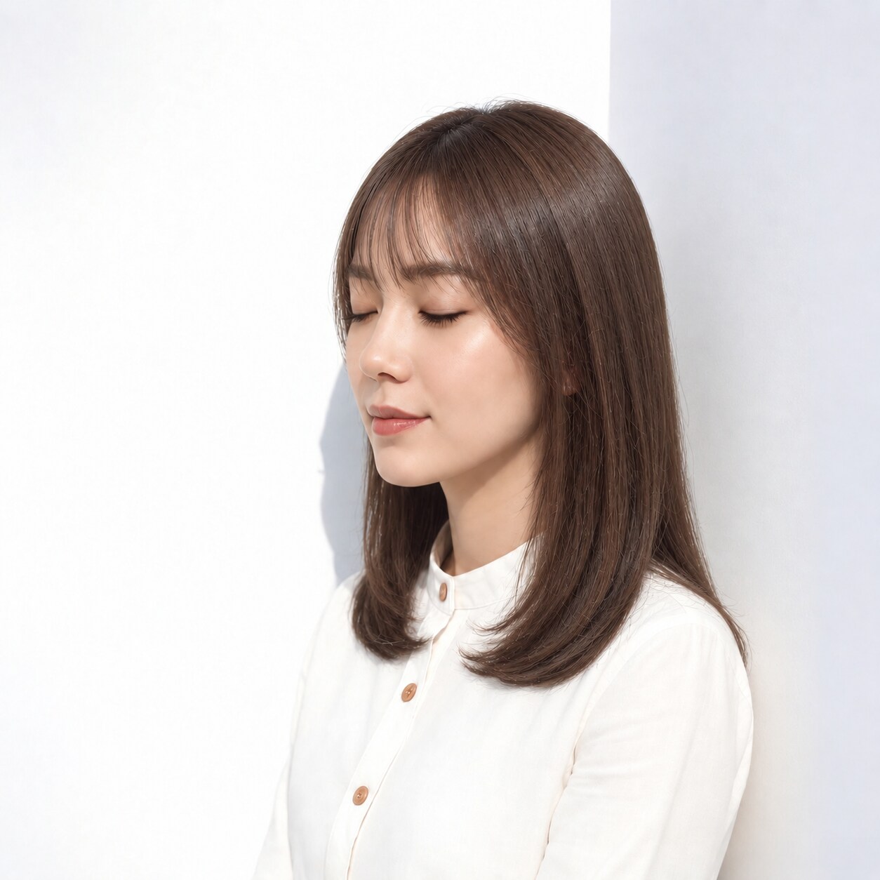 1. 内巻きミディアム × ブラウン：薄い前髪と内巻きの丸みが顔まわりになじむ