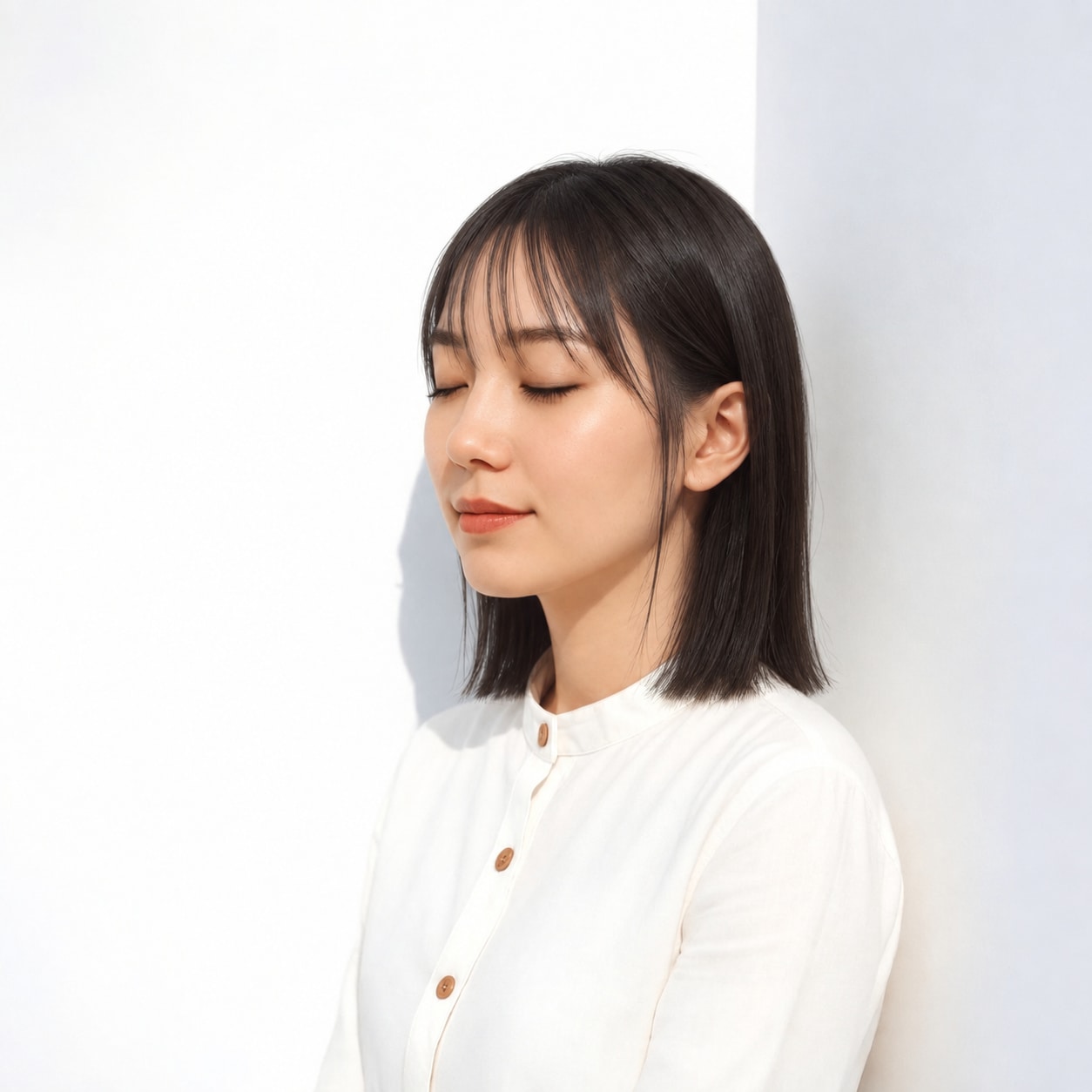 1. 切りっぱなしミディアム × 前髪あり × 重めシルエット：軽い段があっても先端が薄くなりすぎず、まとまりが保てます
