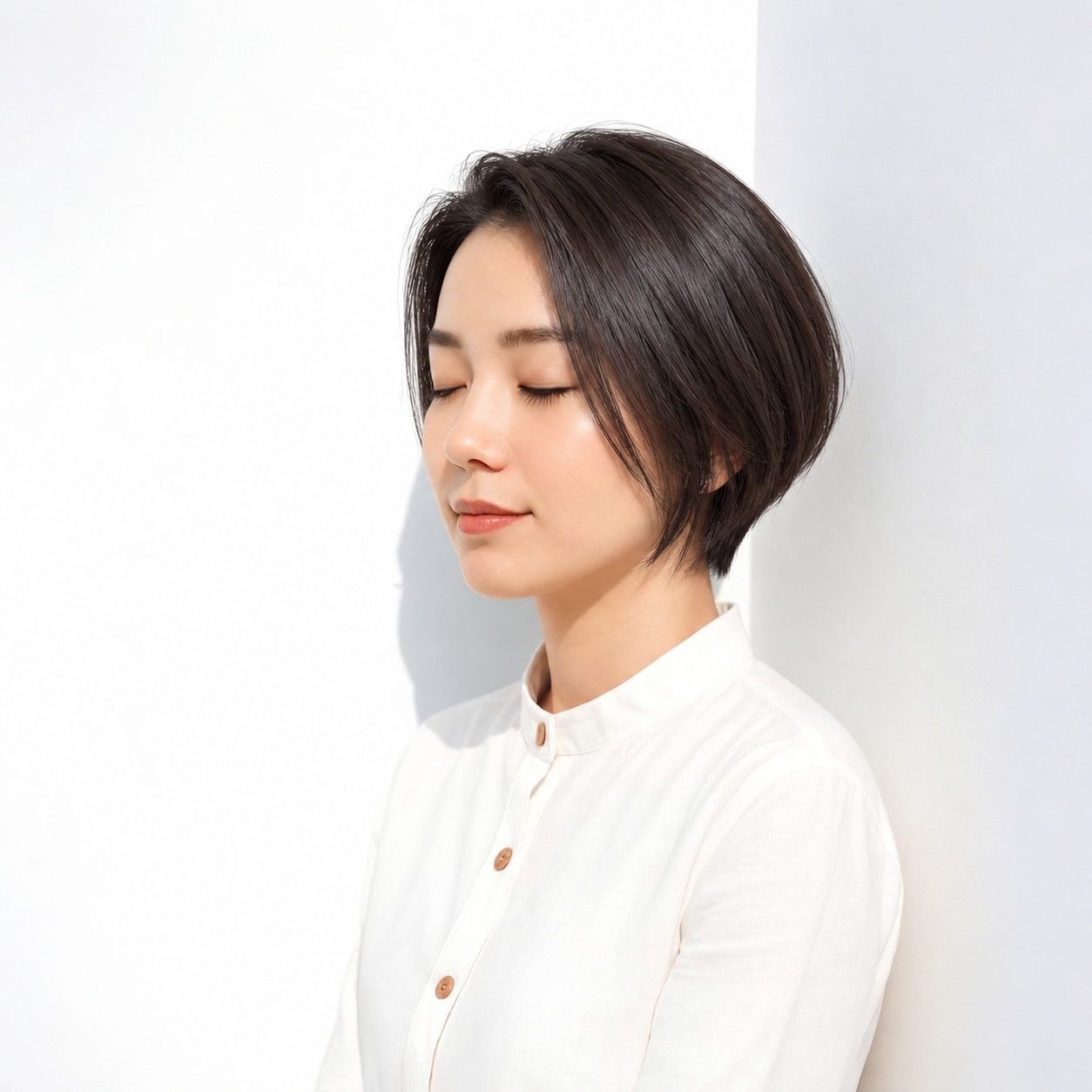 1. 前下がりショートボブ × ダークブラウン：長い顔まわりがシャープな横顔をつくる