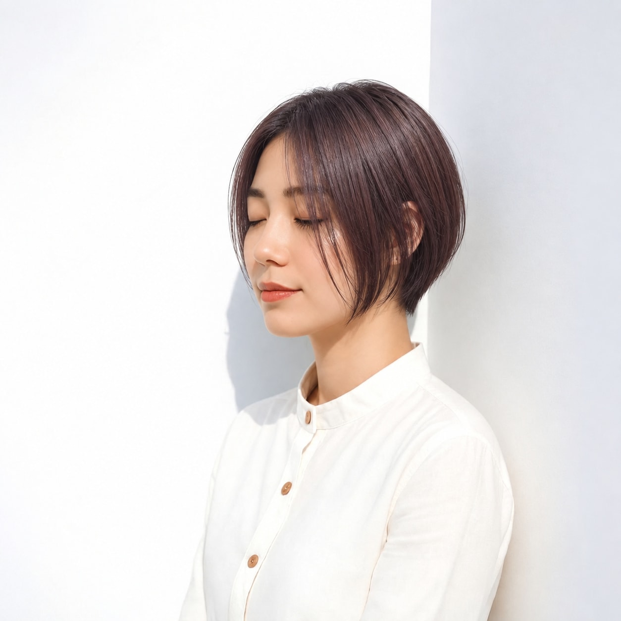 1. 前下がりショートボブ × 丸みシルエット：フェイスラインの近くで収まり、コンパクトな輪郭を作れます