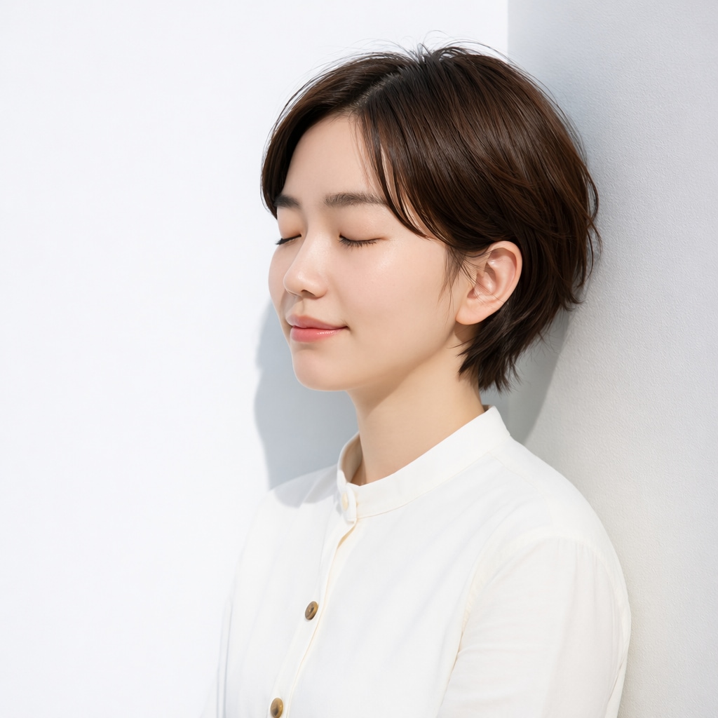1. 前髪なしショート×タイトシルエット：大人っぽさを添えるすっきりショート