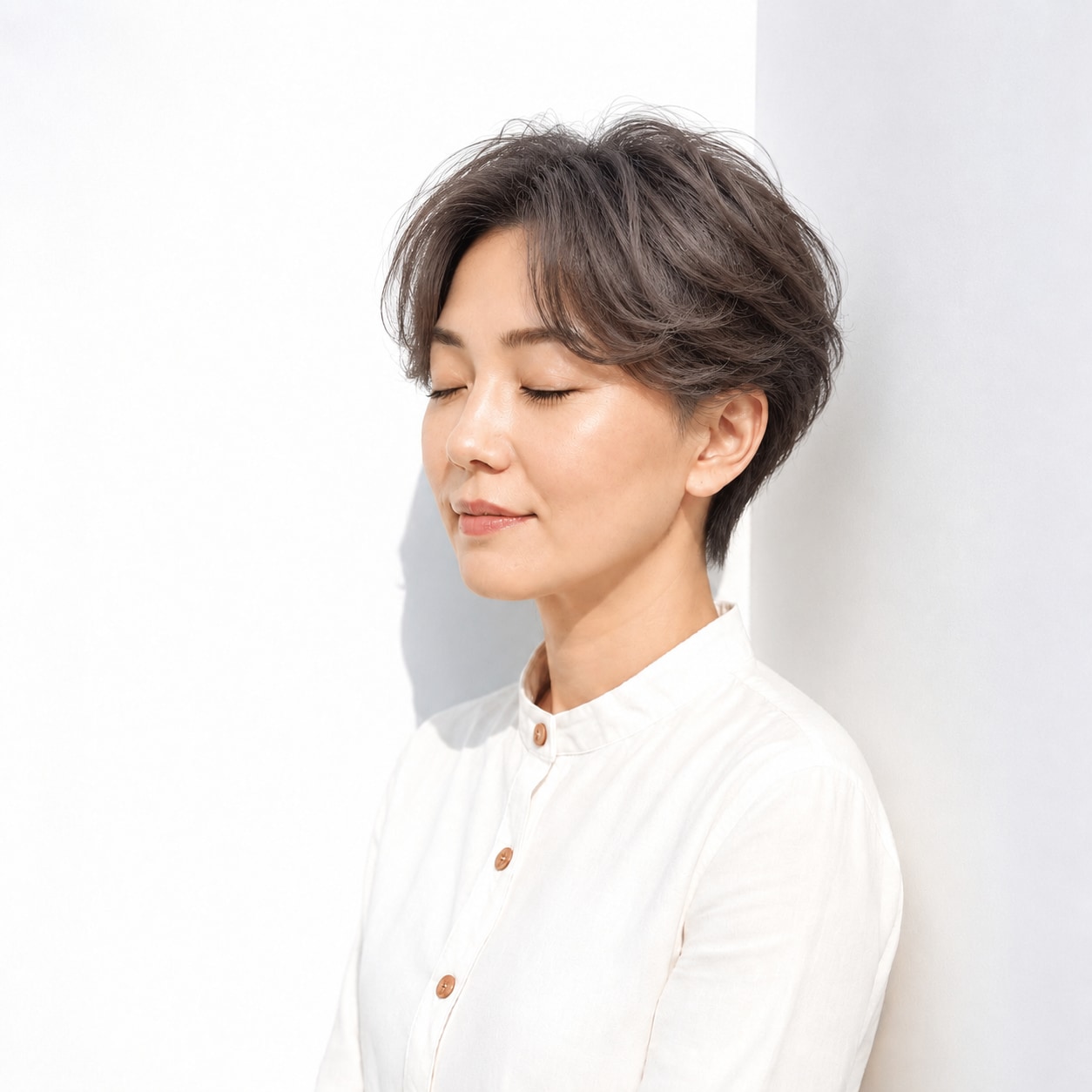 1. 前髪なしショートパーマ × 丸み：柔らかく端正な表情に