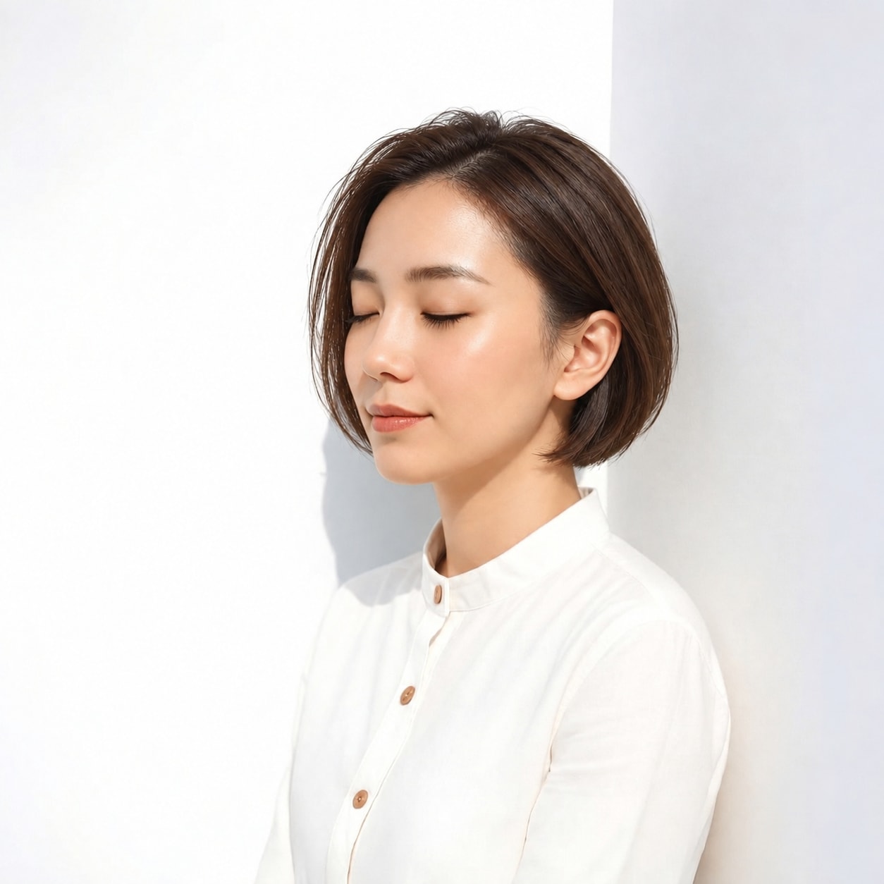 1. 前髪なしショートボブ × 丸みシルエット：やわらかな丸みで上品な印象に