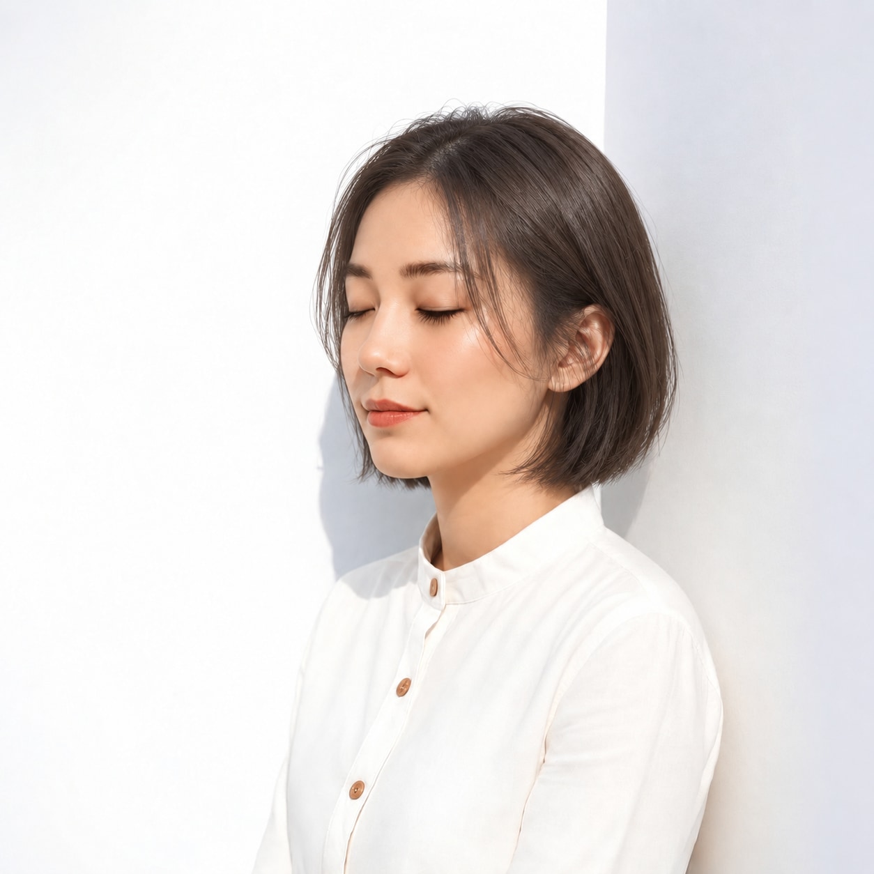 前髪なしボブ × 頬へ落ちる長い毛束：大人の柔らかさを