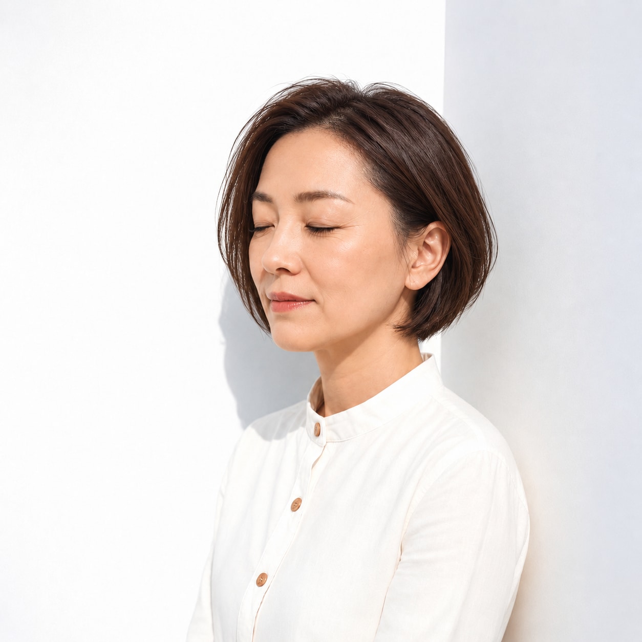 1. 前髪なしボブ × ダークブラウン：耳かけで顔まわりがすっきり見える