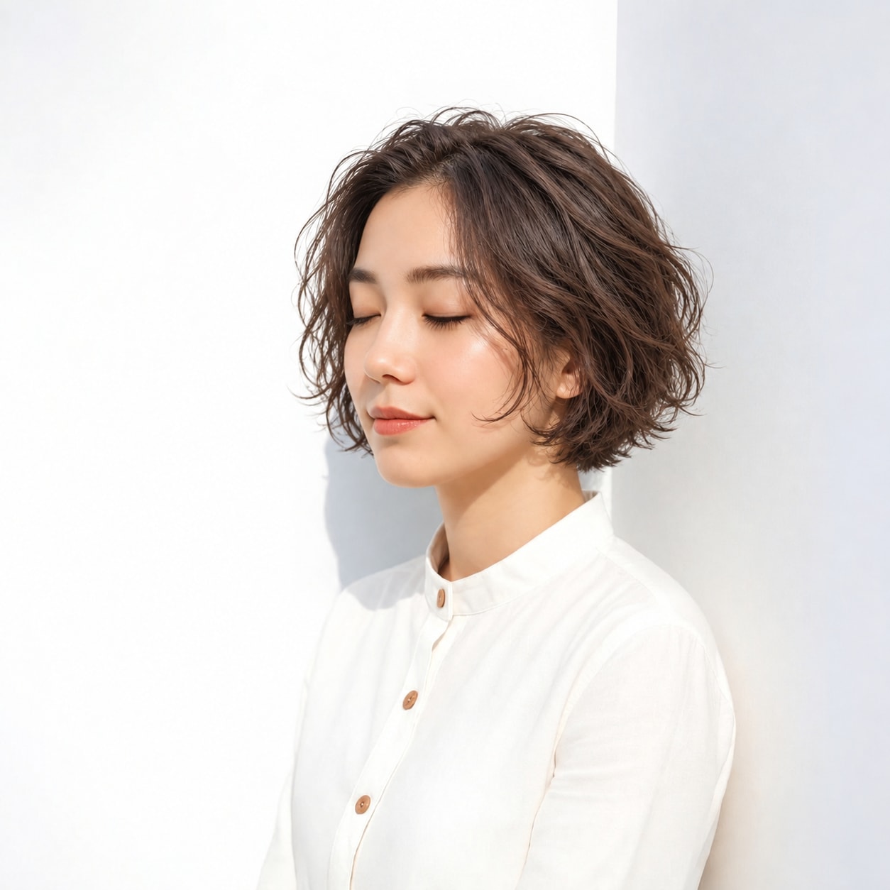 頬の横にゆるいウェーブをつけた、前髪なしのブラウン系ボブ