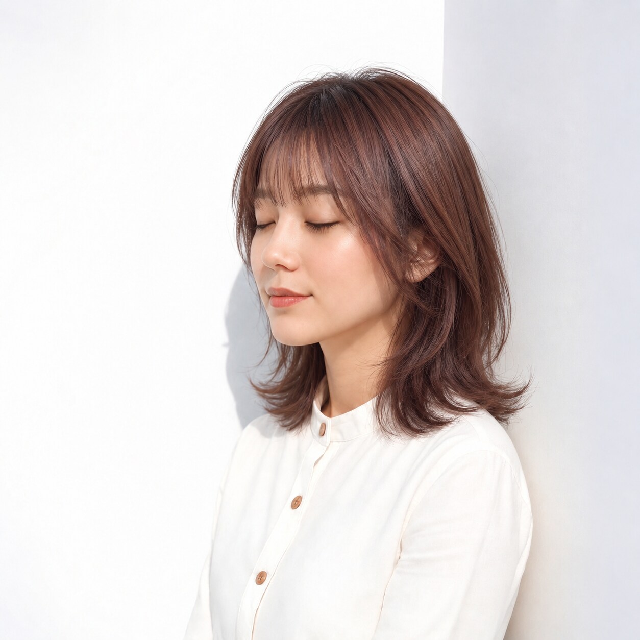 1. 外ハネミディアム × 赤みブラウン：頬から毛先へ動きをつなぐ