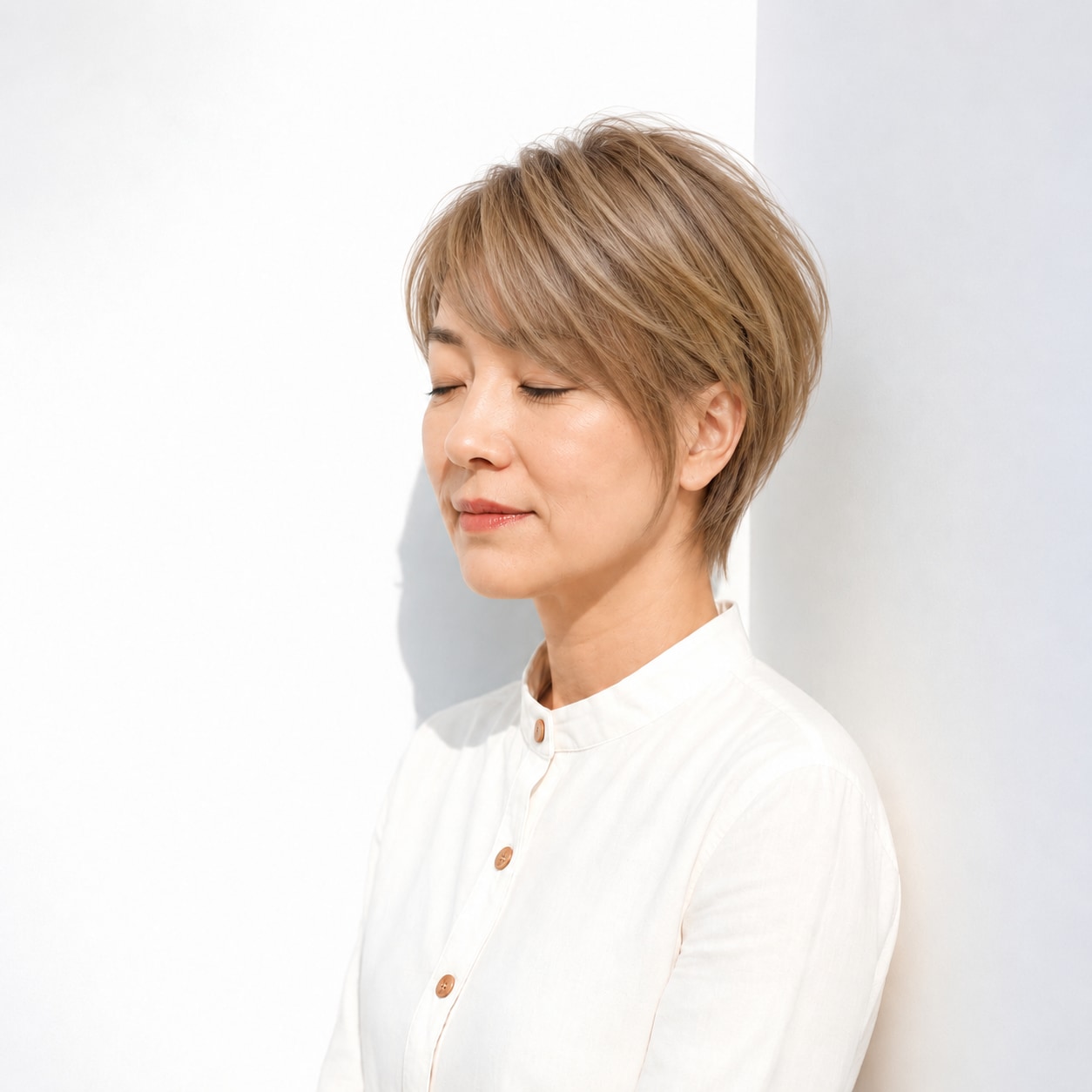 1. ショート × 明るめブラウン：軽い前髪で表情がいきいき見える