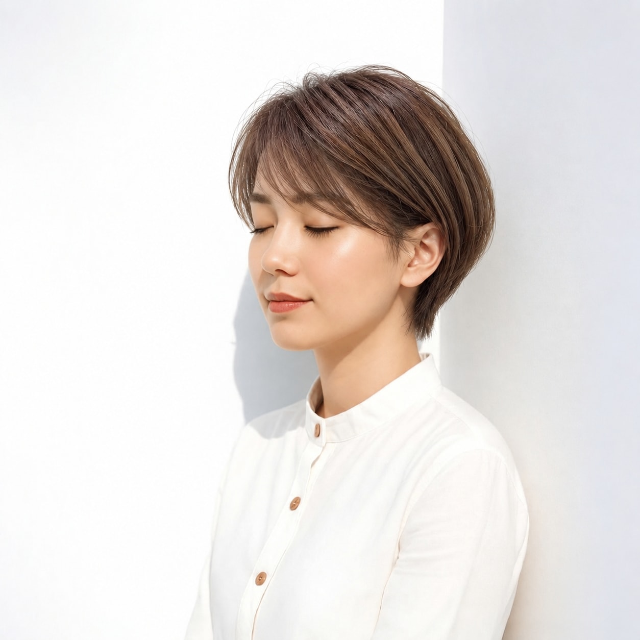 1. 流し前髪ショート × ブラウン：丸いフォルムでやさしく上品に