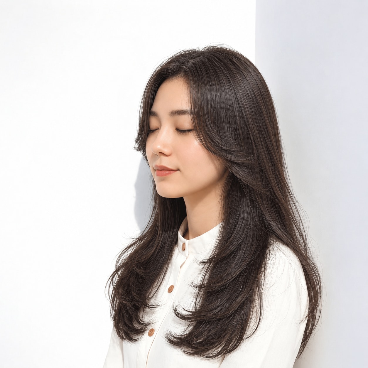 1. 長めカーテンバング × 黒髪ロング：頬からつながる流れが上品さを引き出す
