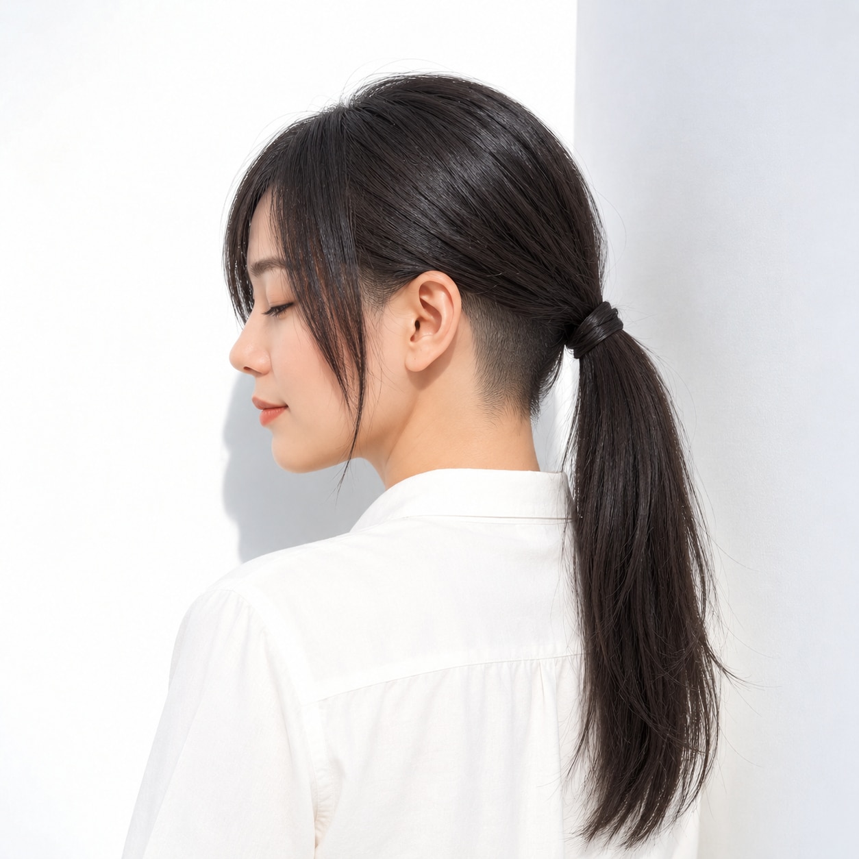 1. 刈り上げロング × ストレートポニー：結ぶと襟足の刈り上げが際立つ