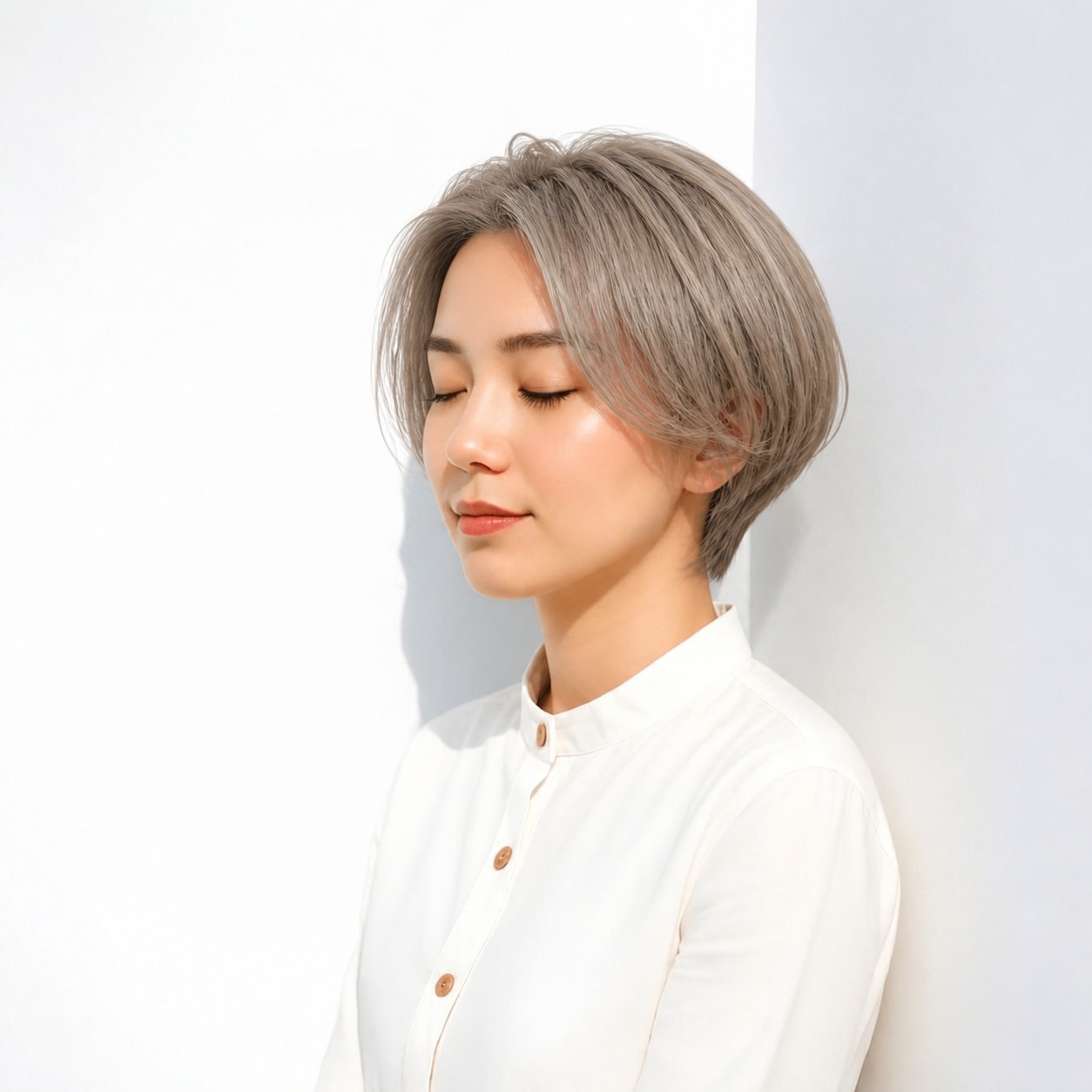 1. 面長ボブ × 前髪なし × シルバーショート：すっきり洗練