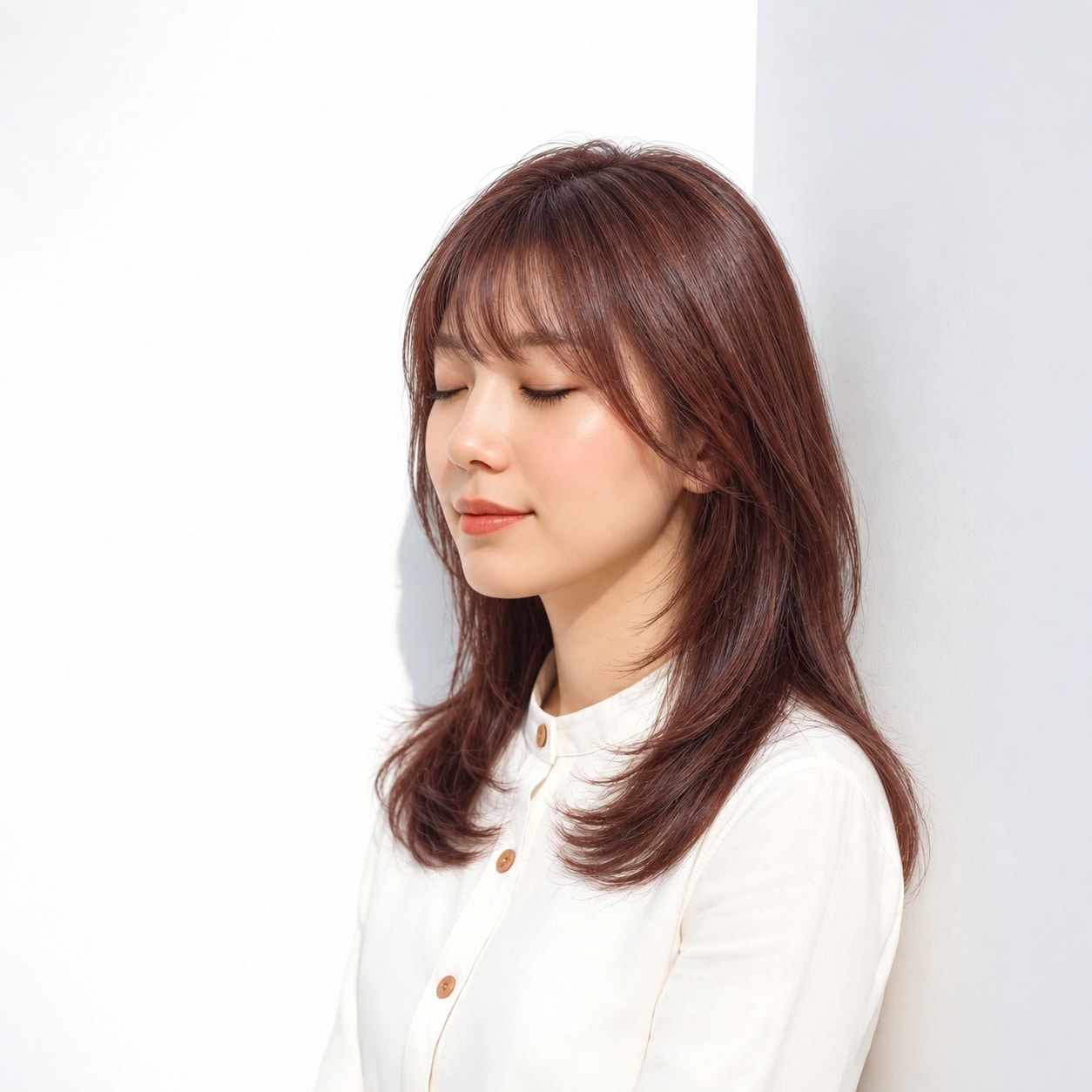 1. 顔まわりレイヤー × ロング × 頬に沿う顔まわりレイヤー：頬の横にやわらかな線が生まれ、正面にも奥行きが出ます