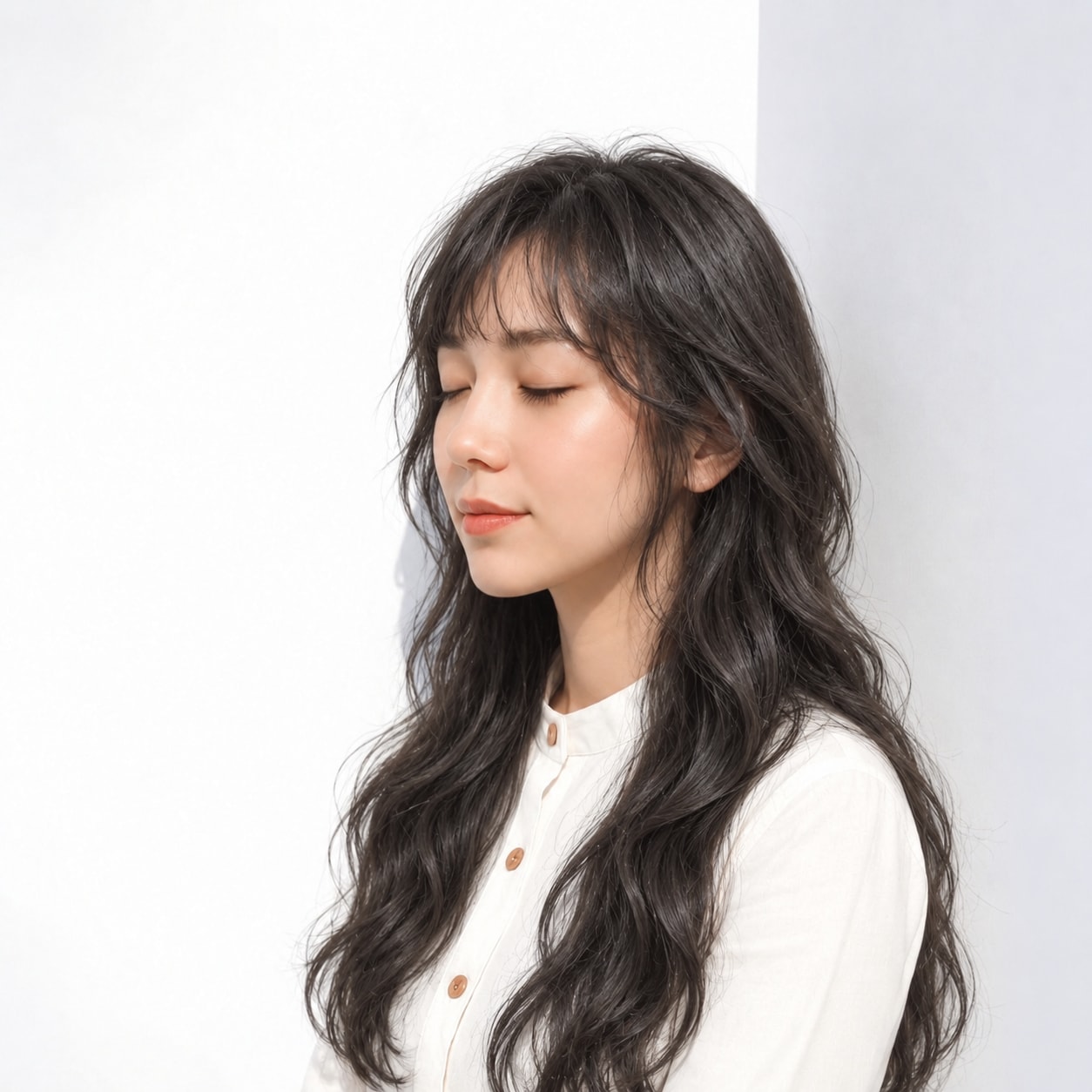 1. 黒髪ウェーブロング × 軽め前髪：大人可愛い柔らかさ