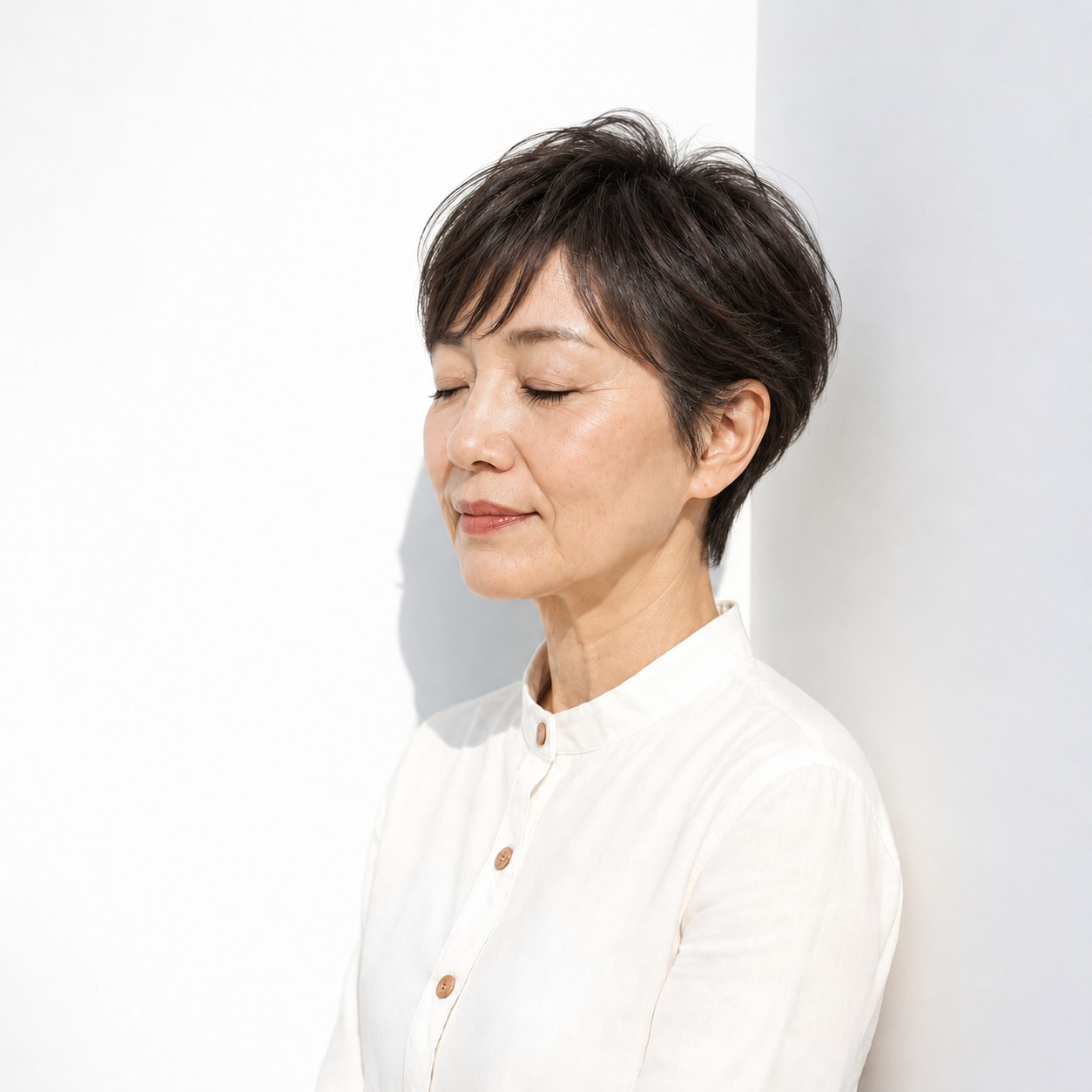 1. 黒髪ショート × 流し前髪：すっきり軽やかな横顔に