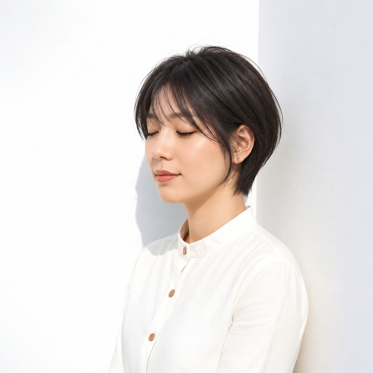 1. 黒髪ショートボブ × 薄め前髪：薄い前髪なら丸みを残しても目元は軽く見える