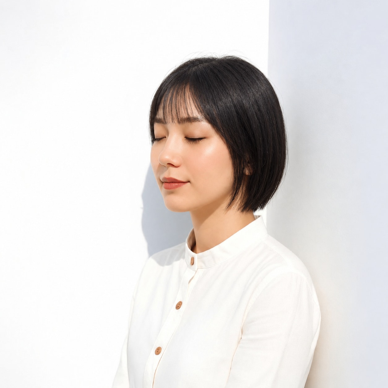 1. 黒髪ボブ × シースルーバング：直線と透け感で清楚に