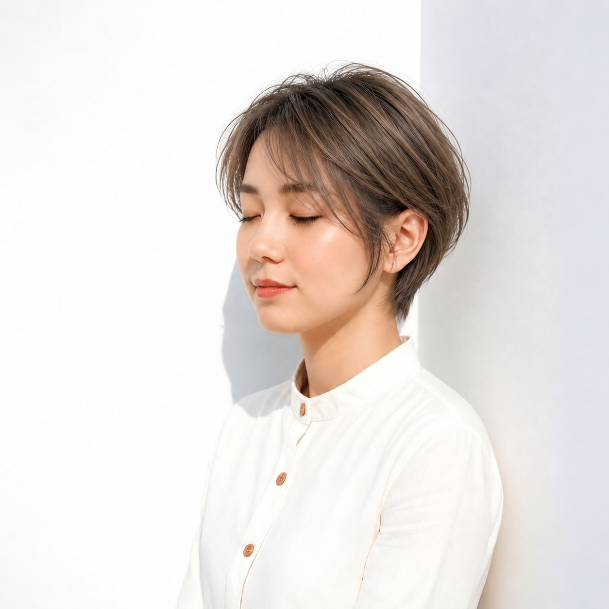 10. かき上げショート × アッシュブラウン：縦の抜けで大人らしく