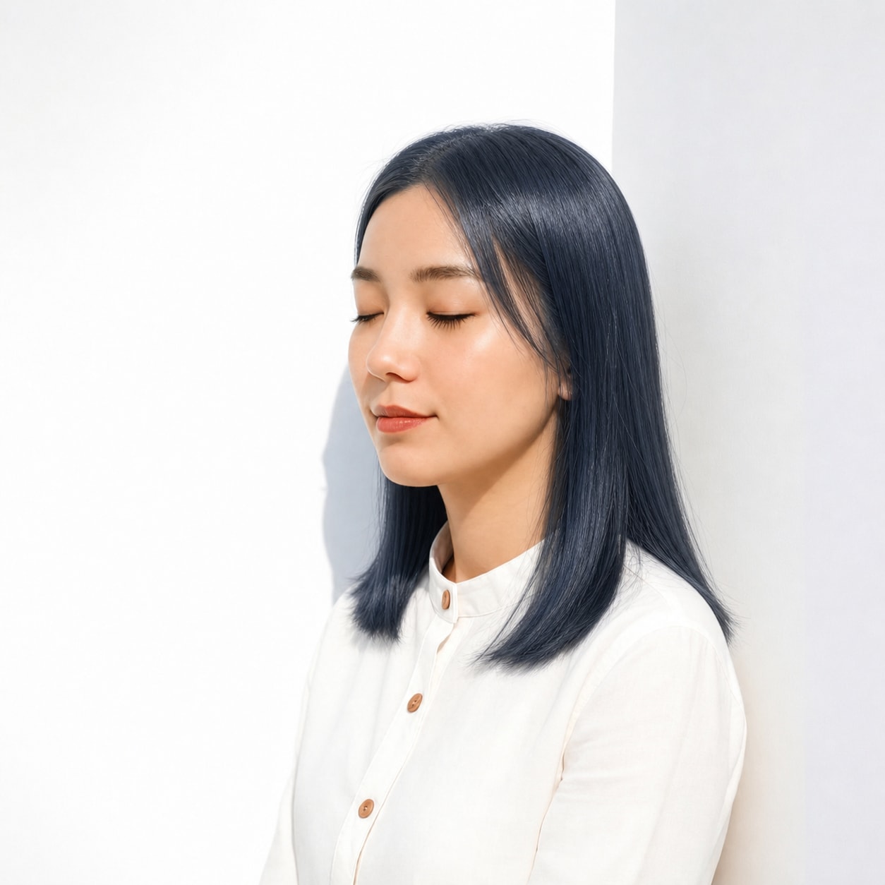 10. くすみブルー×ストレートロング: 深いネイビーブルーでストレートに冷たいツヤが出る