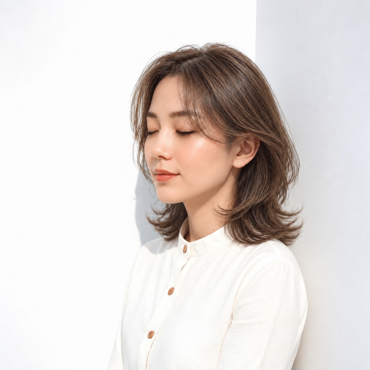 10. くびれミディアム × カーテンバング：頬の曲線でやさしい印象に