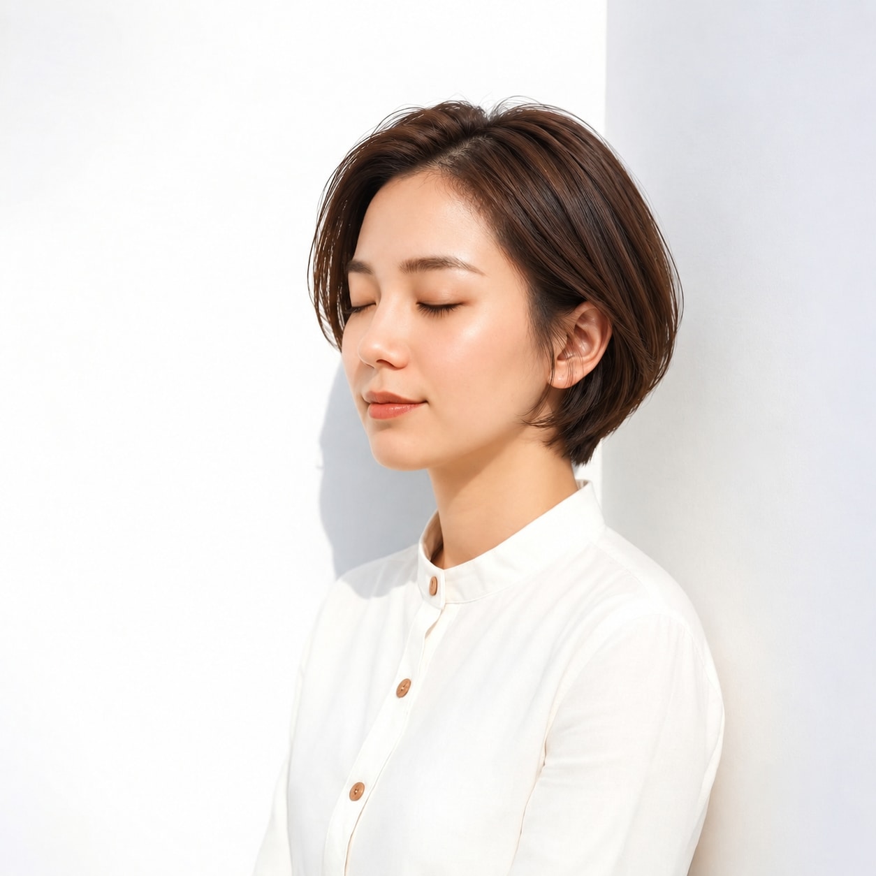8. ひし形ボブ × 赤みブラウン：額を見せると赤みカラーも甘くなりすぎない