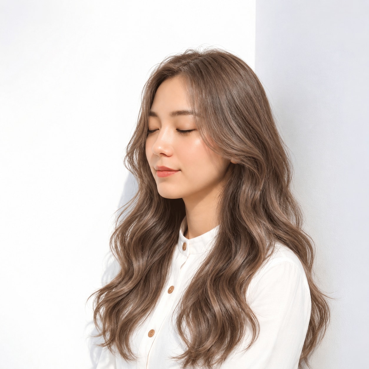 7. ゆるふわパーマ × ロング × アッシュブラウン：長い髪に大きな曲線がゆったり続く