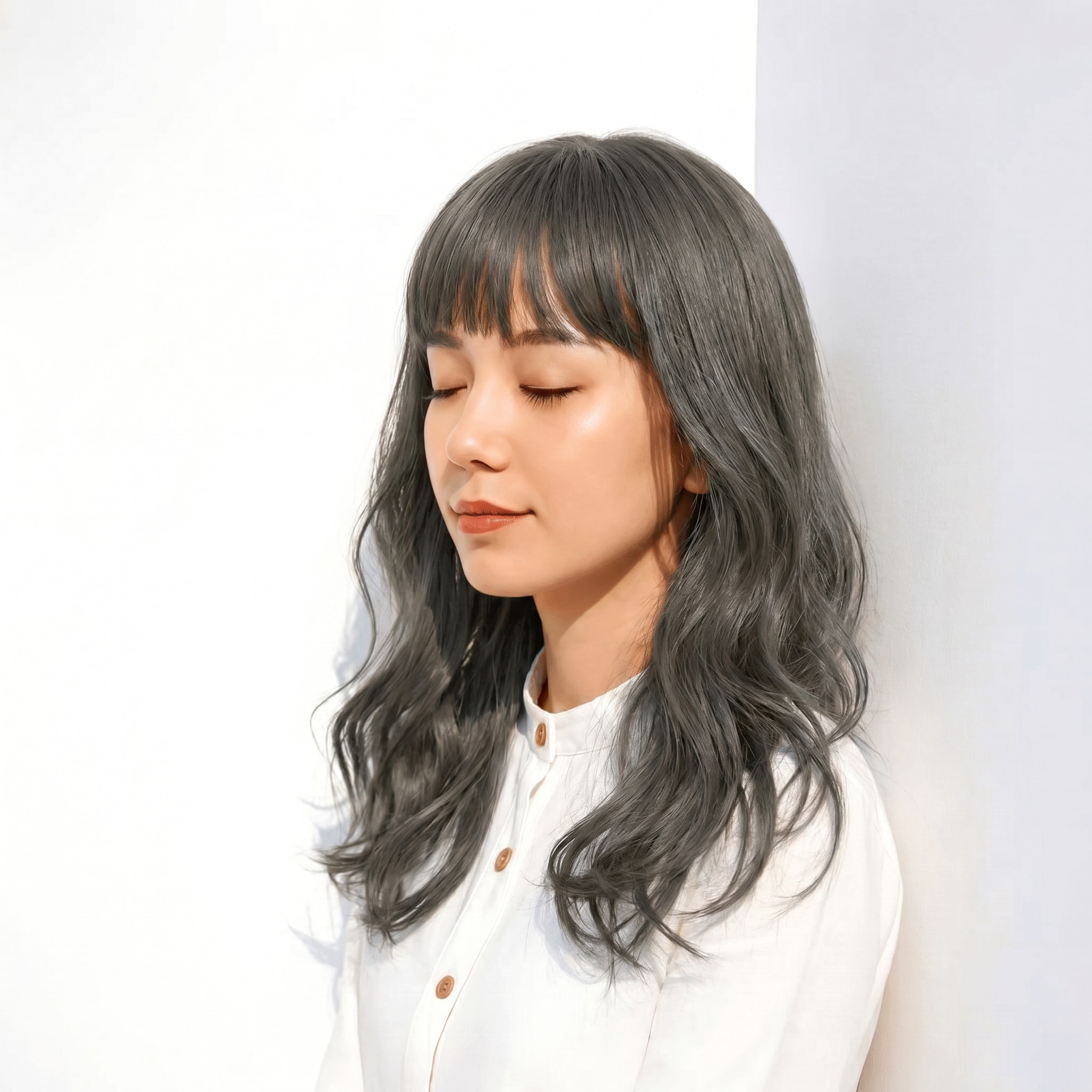 10. アイスグレージュ×セミロング: ゆるウェーブで立体感を強調