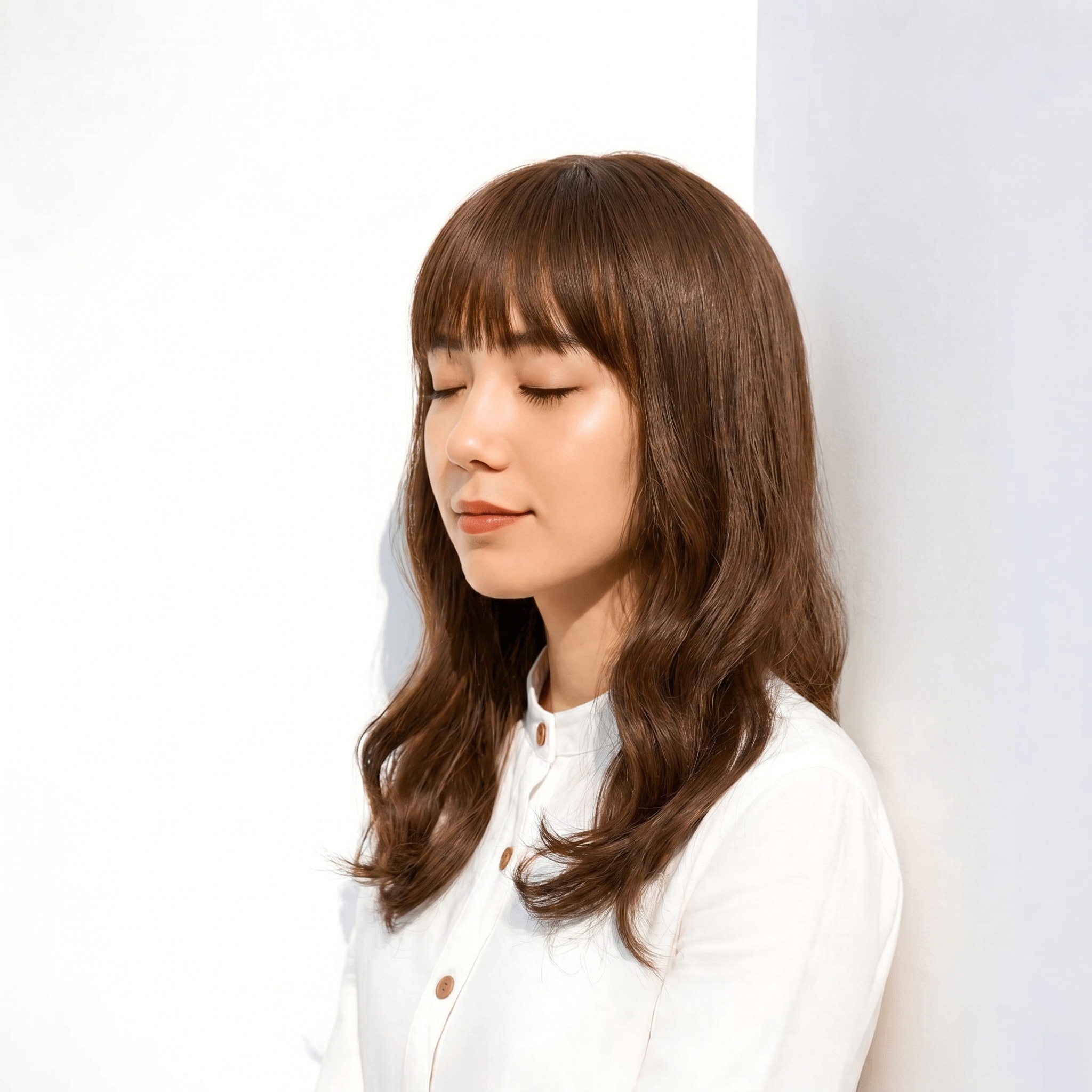10. アッシュ ベージュ×ミディアムウェーブ: ゆるい波とフルバングで上品な立体感を演出