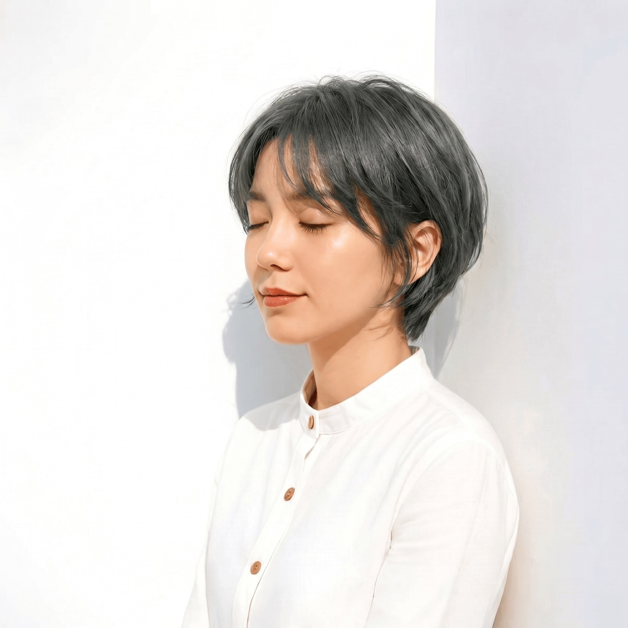 10. アッシュグレー×ショートレイヤー: 丸みと軽やかさを両立した大人のスタイル